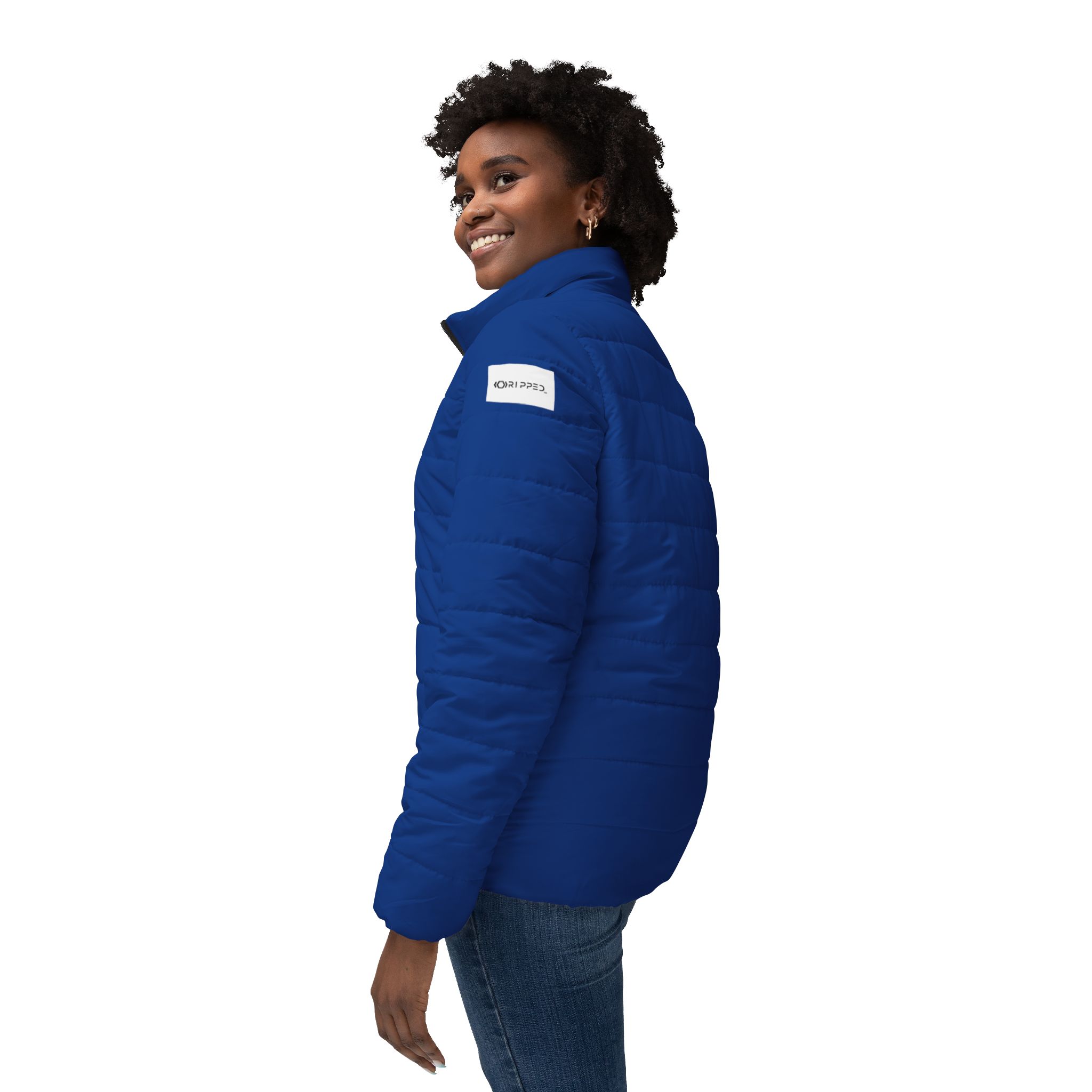 Ripped Dark Blue Women’s Puffer Jacket(White Logo) - Image 5