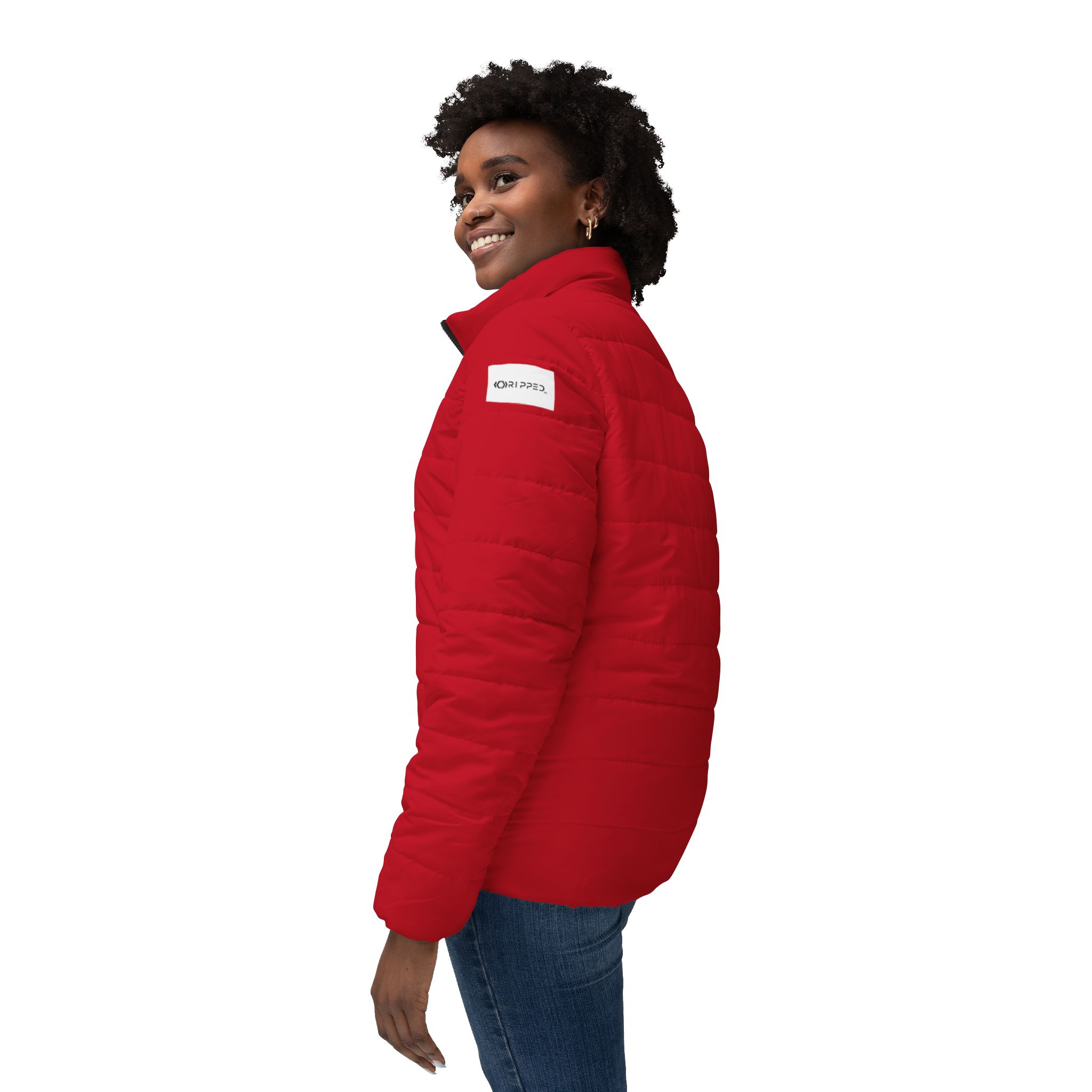 Ripped Dark Red Women’s Puffer Jacket(White Logo) - Image 5