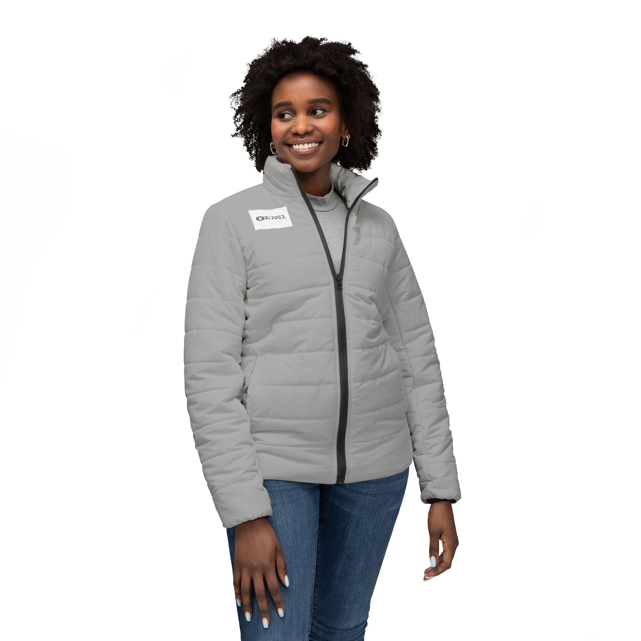 Ripped Light Grey Women’s Puffer Jacket(White Logo) - Image 3