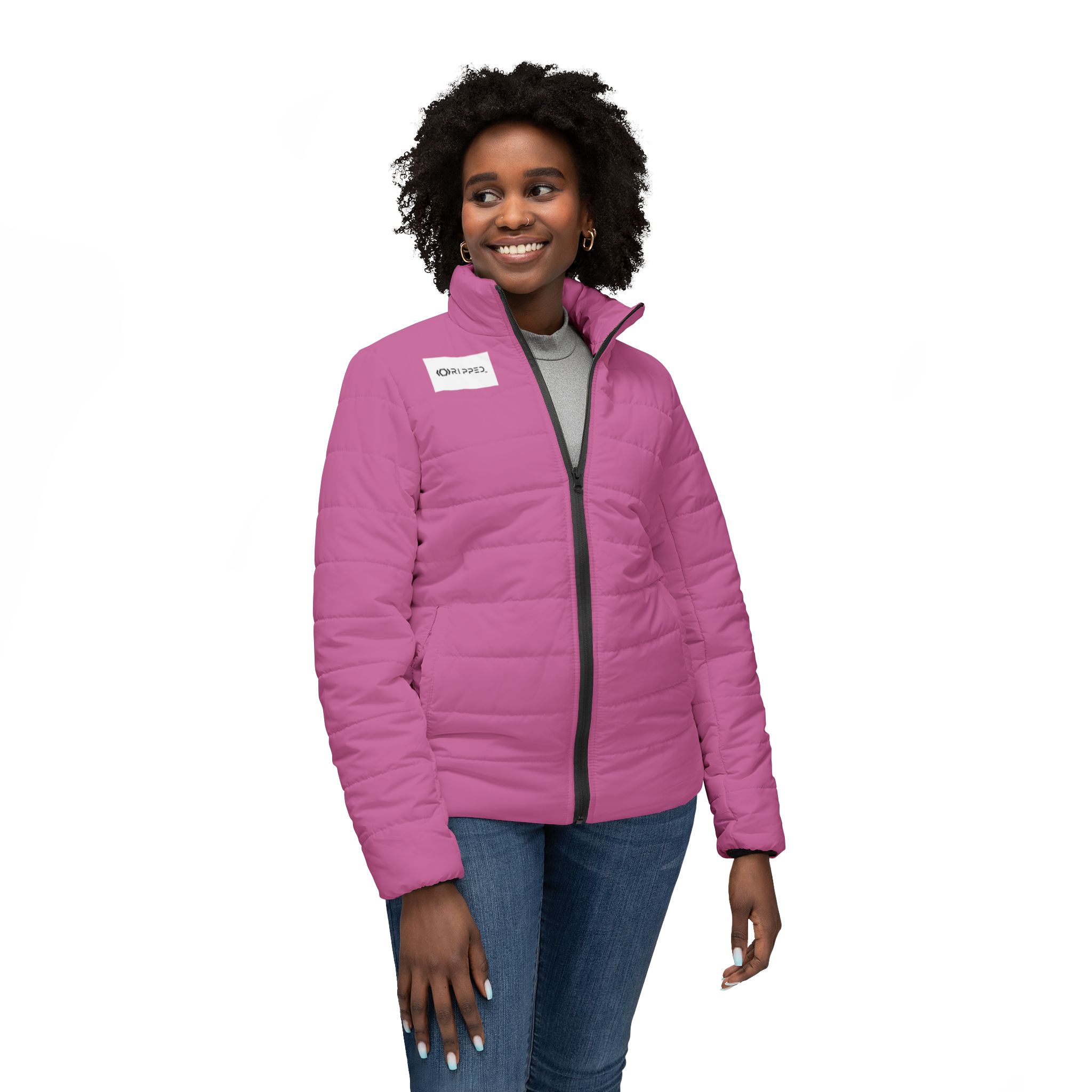 Ripped Light Pink Women’s Puffer Jacket(White Logo) - Image 3