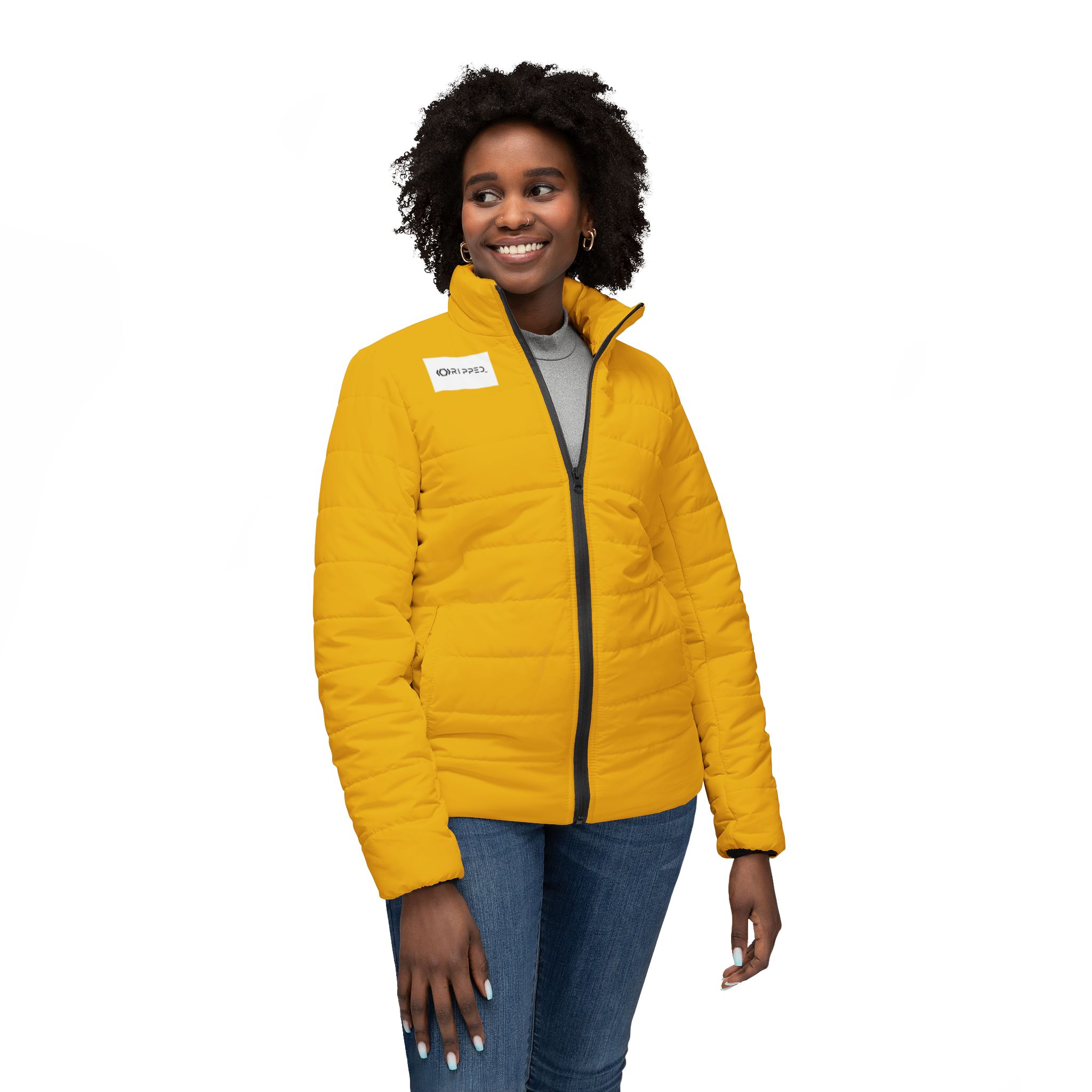 Ripped Yellow Women’s Puffer Jacket(White Logo) - Image 3