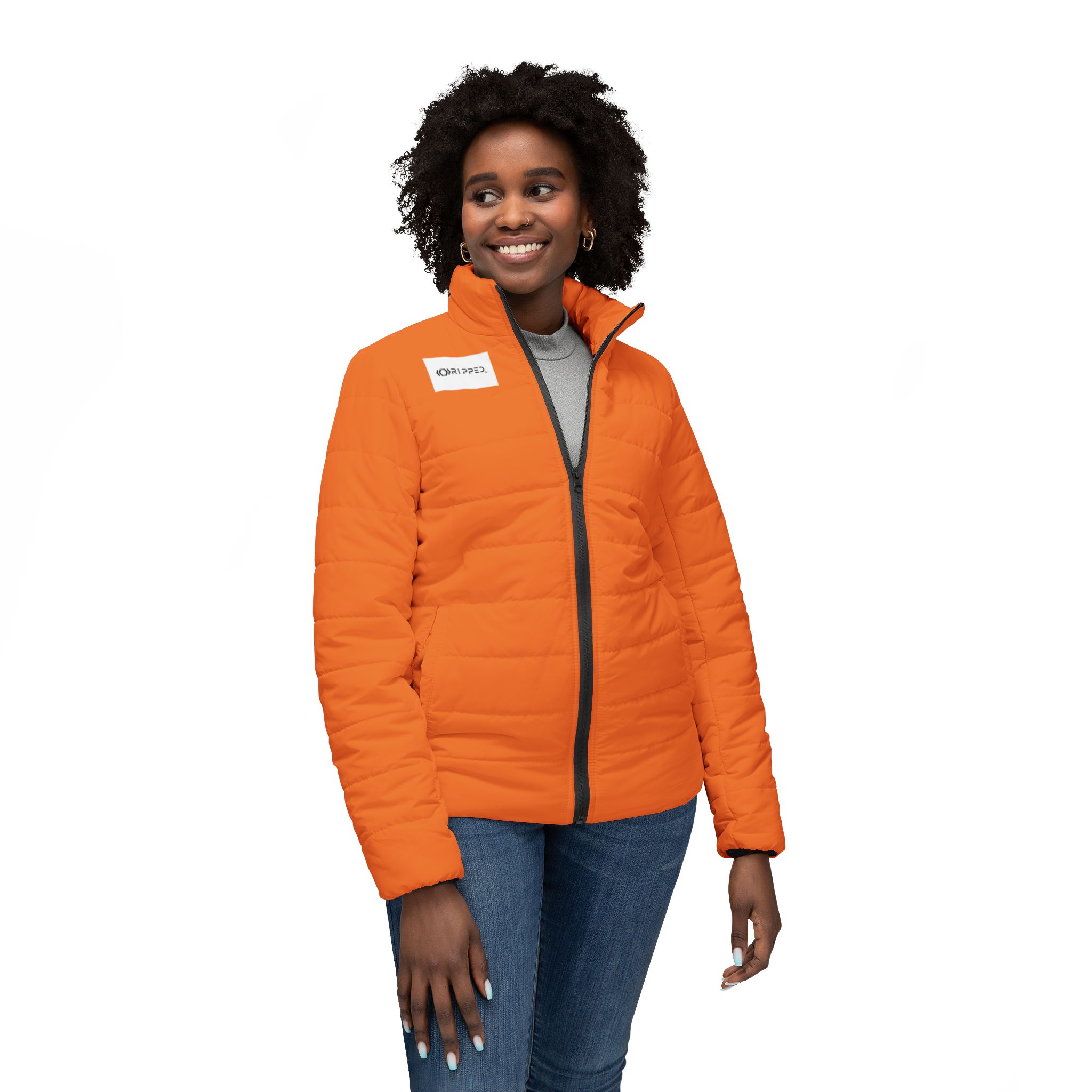 Ripped Light Orange Women’s Puffer Jacket(White Logo) - Image 3