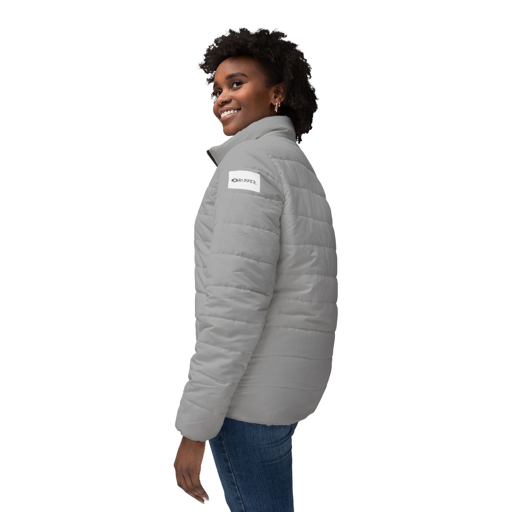 Ripped Light Grey Women’s Puffer Jacket(White Logo) - Image 5