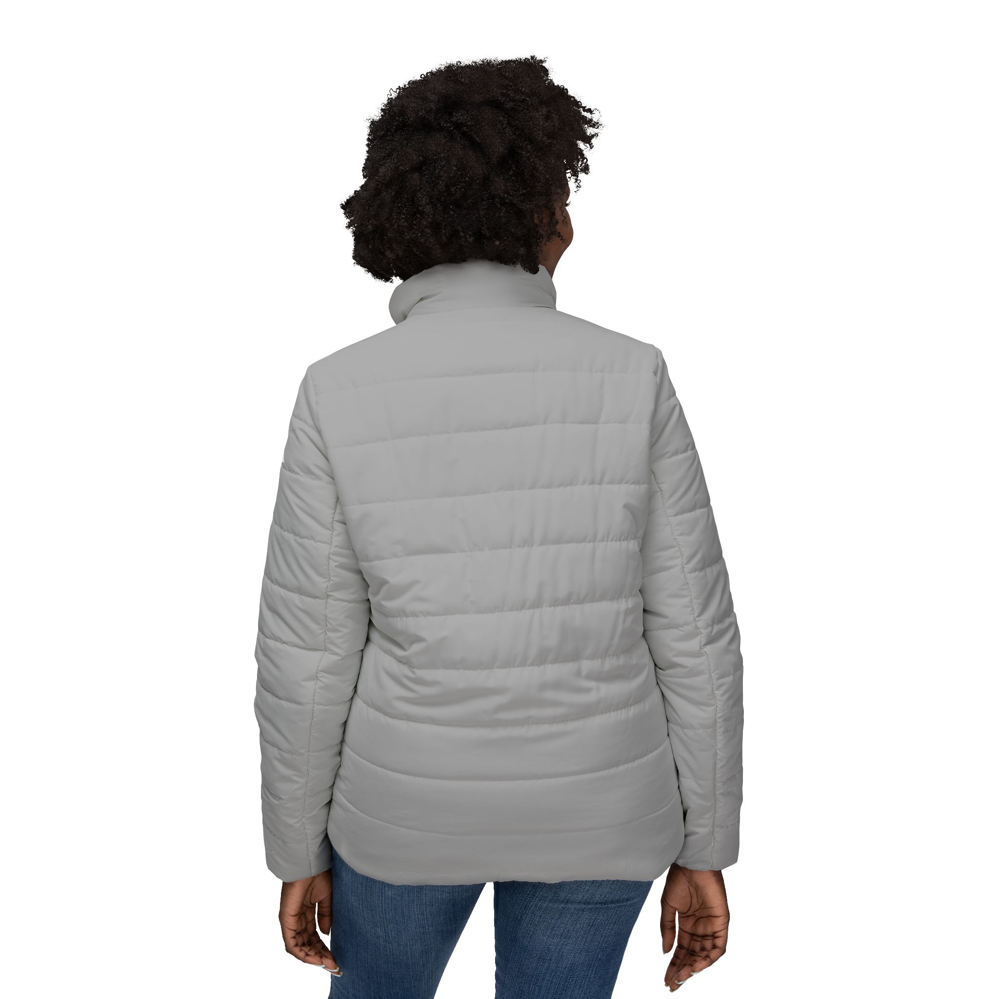 Ripped Light Grey Women’s Puffer Jacket(White Logo) - Image 4