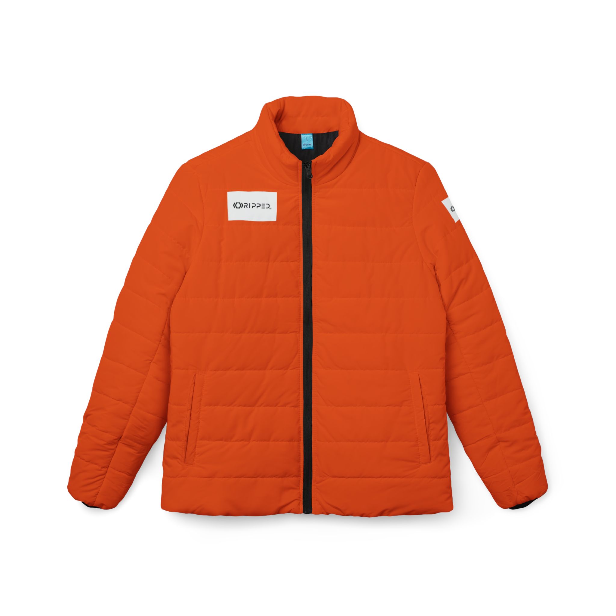 Ripped Orange Women’s Puffer Jacket(White Logo)