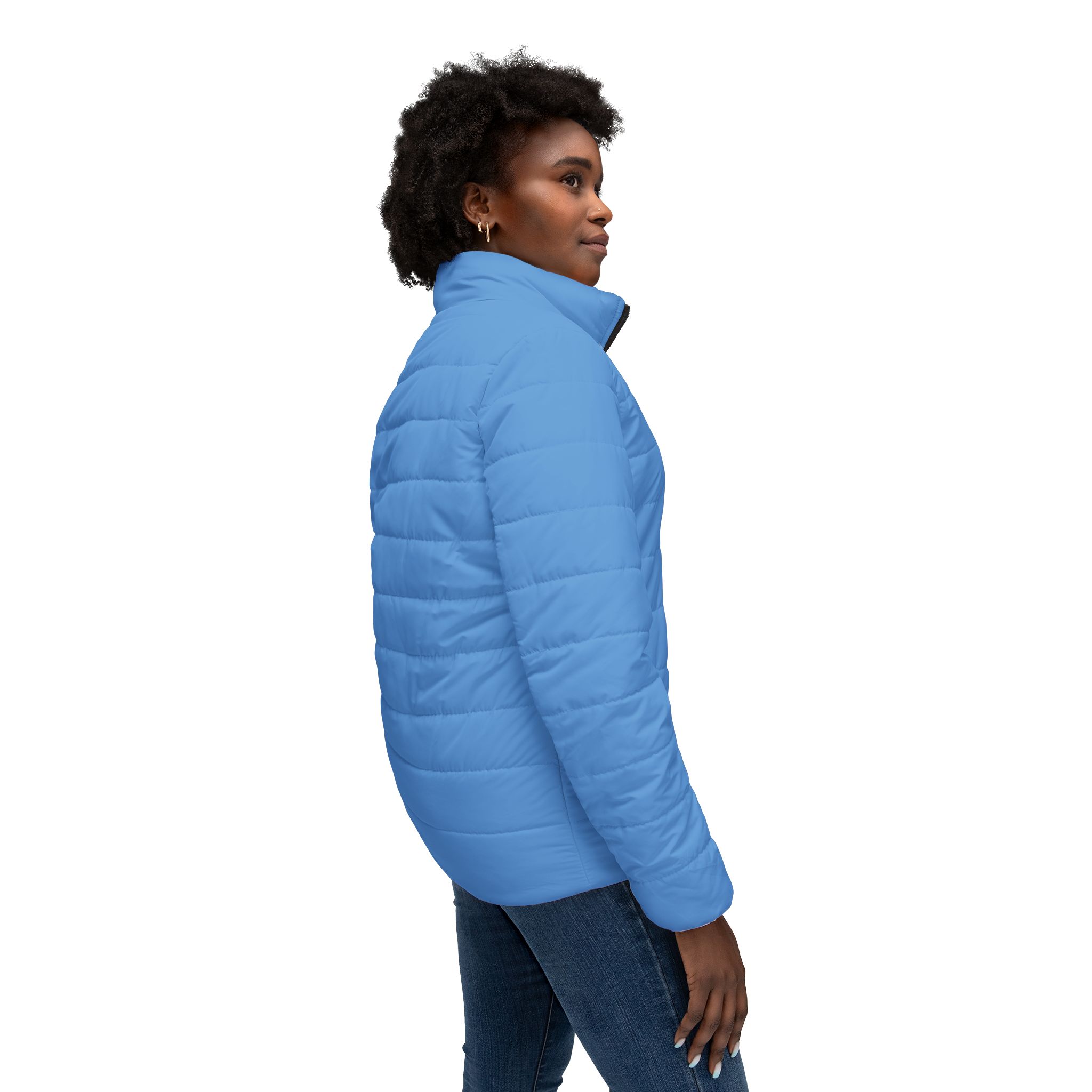 Ripped Light Blue Women’s Puffer Jacket(White Logo) - Image 6