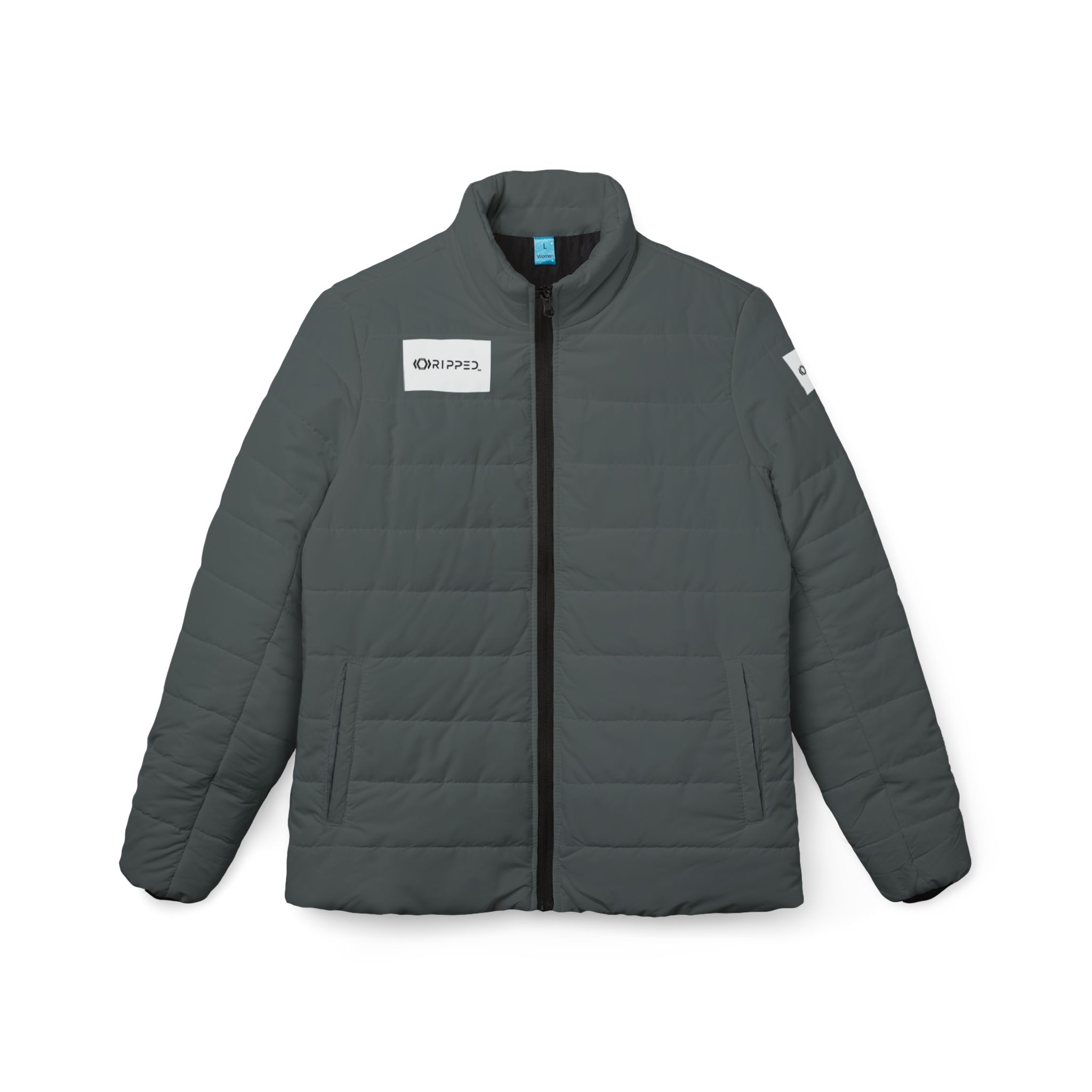 Ripped Dark Grey Women’s Puffer Jacket(White Logo)