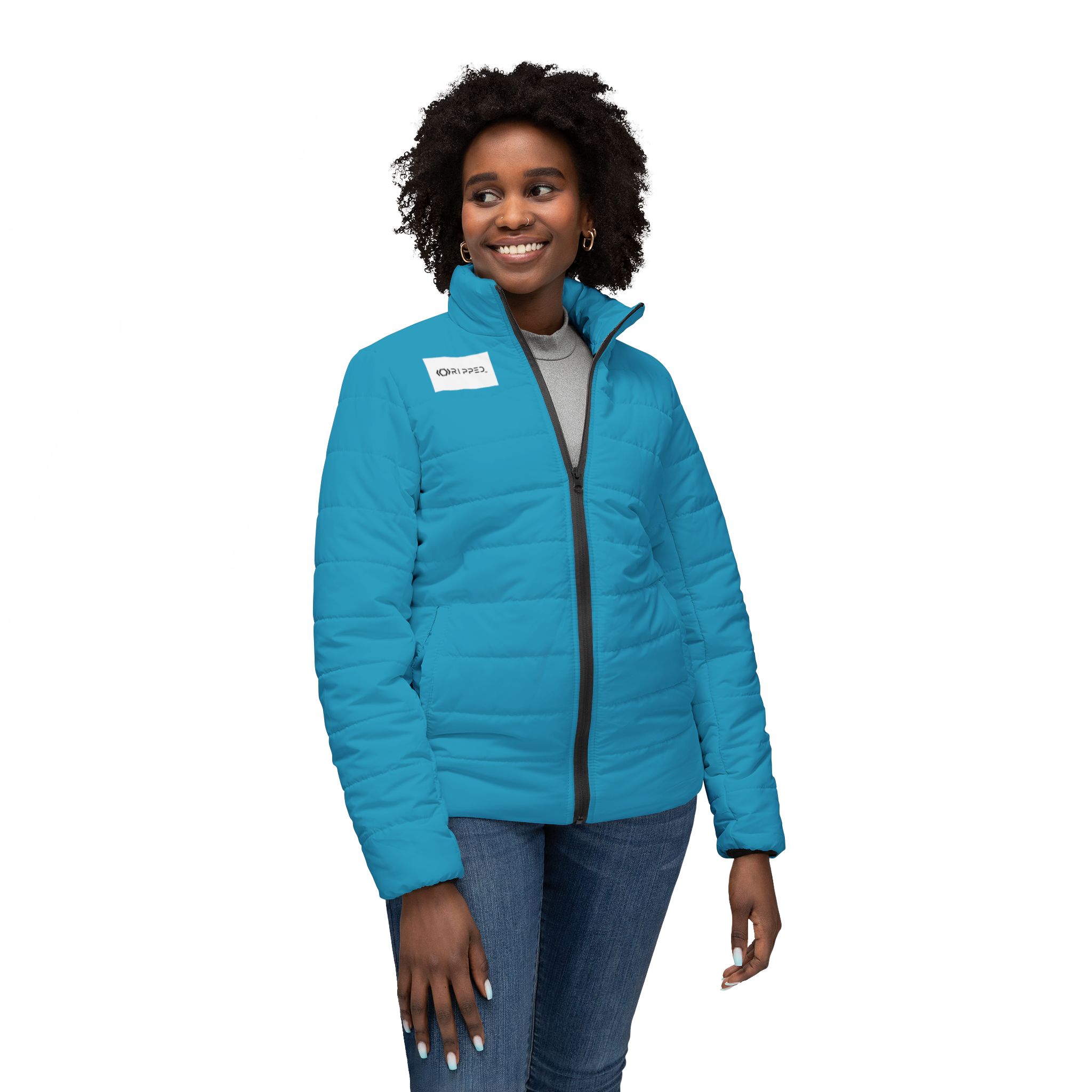 Ripped Ocean Blue Women’s Puffer Jacket(White Logo) - Image 3