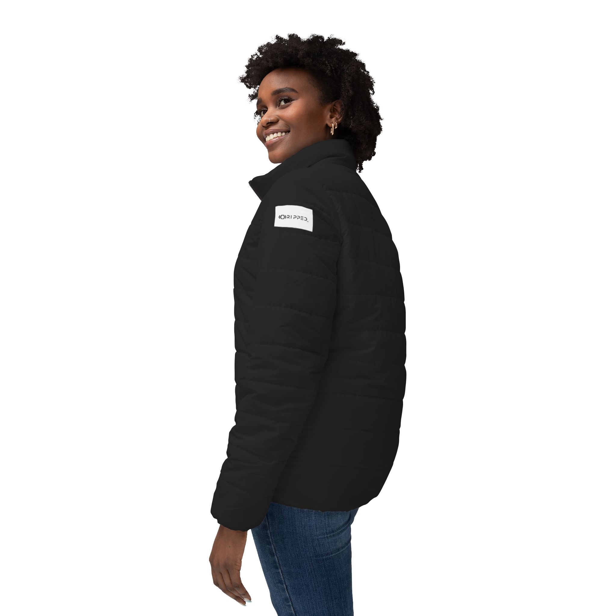 Ripped Black Women’s Puffer Jacket(White Logo) - Image 5