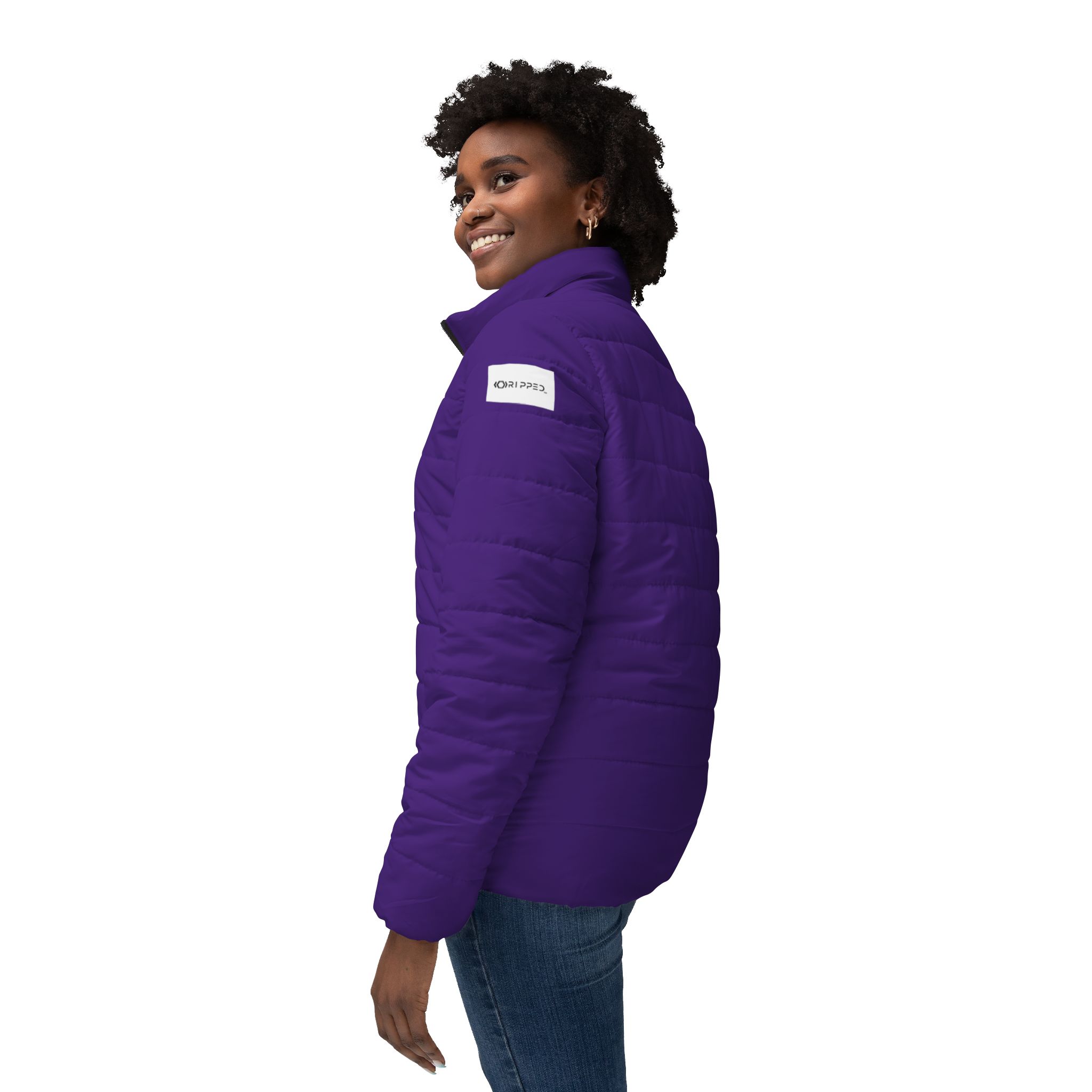 Ripped Purple Women’s Puffer Jacket(White Logo) - Image 5