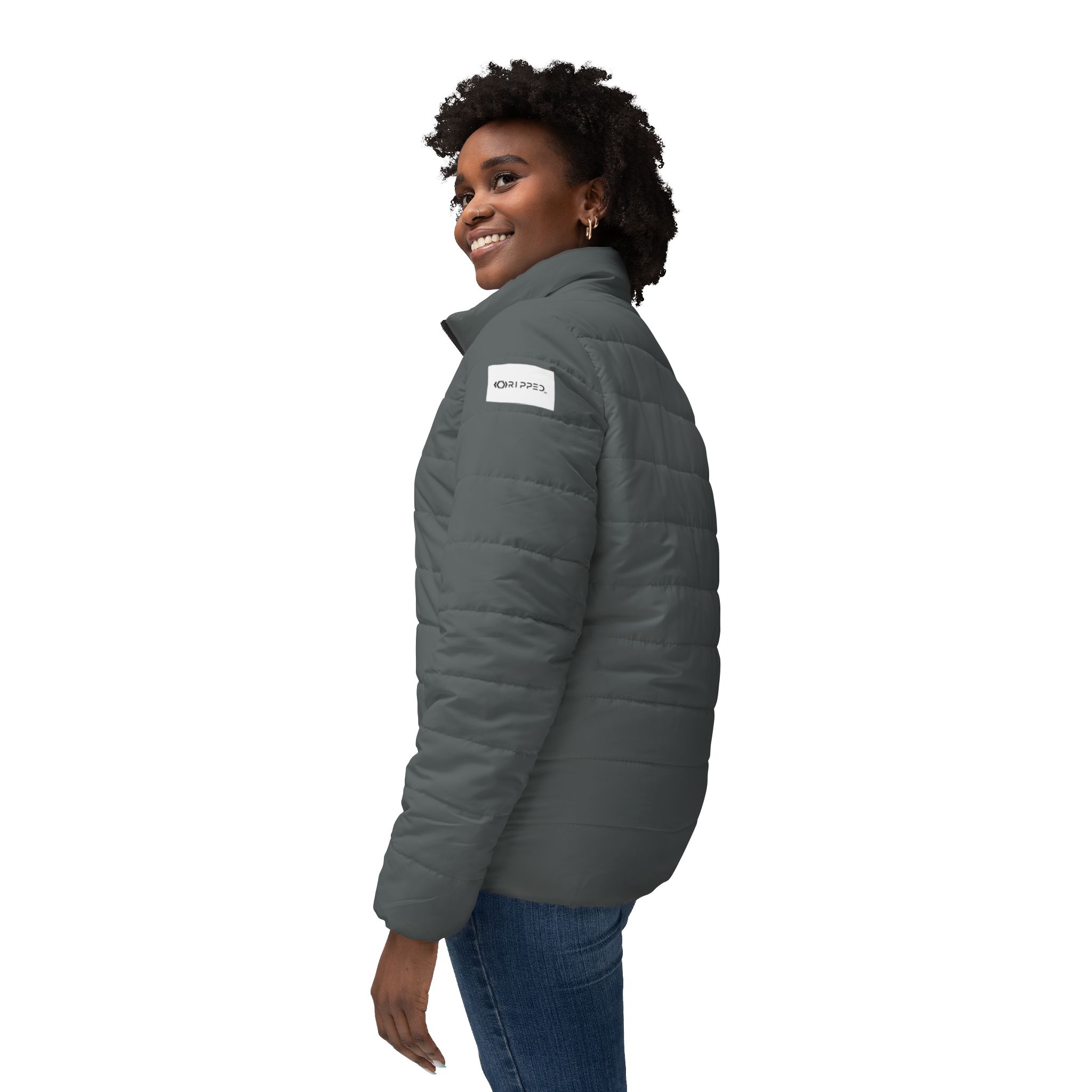 Ripped Dark Grey Women’s Puffer Jacket(White Logo) - Image 5