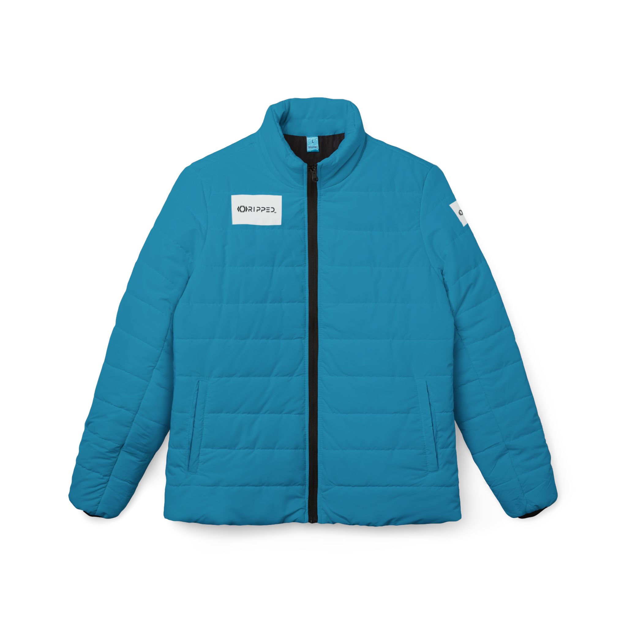 Ripped Ocean Blue Women’s Puffer Jacket(White Logo)