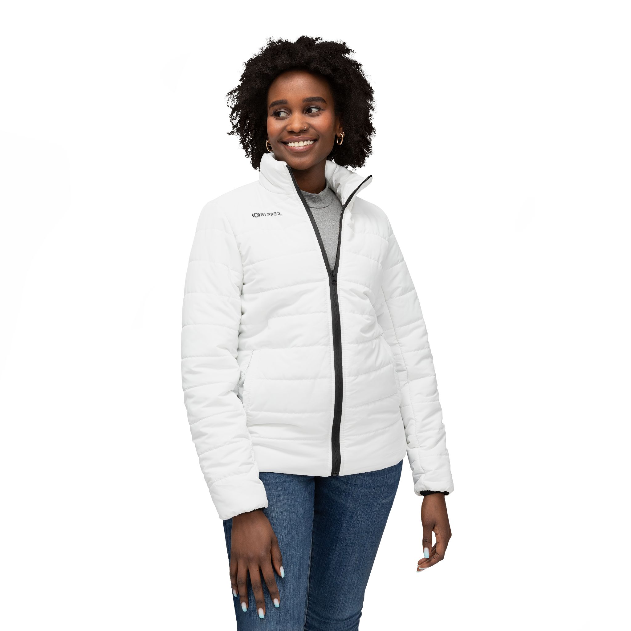 Ripped White Women’s Puffer Jacket(White Logo) - Image 3