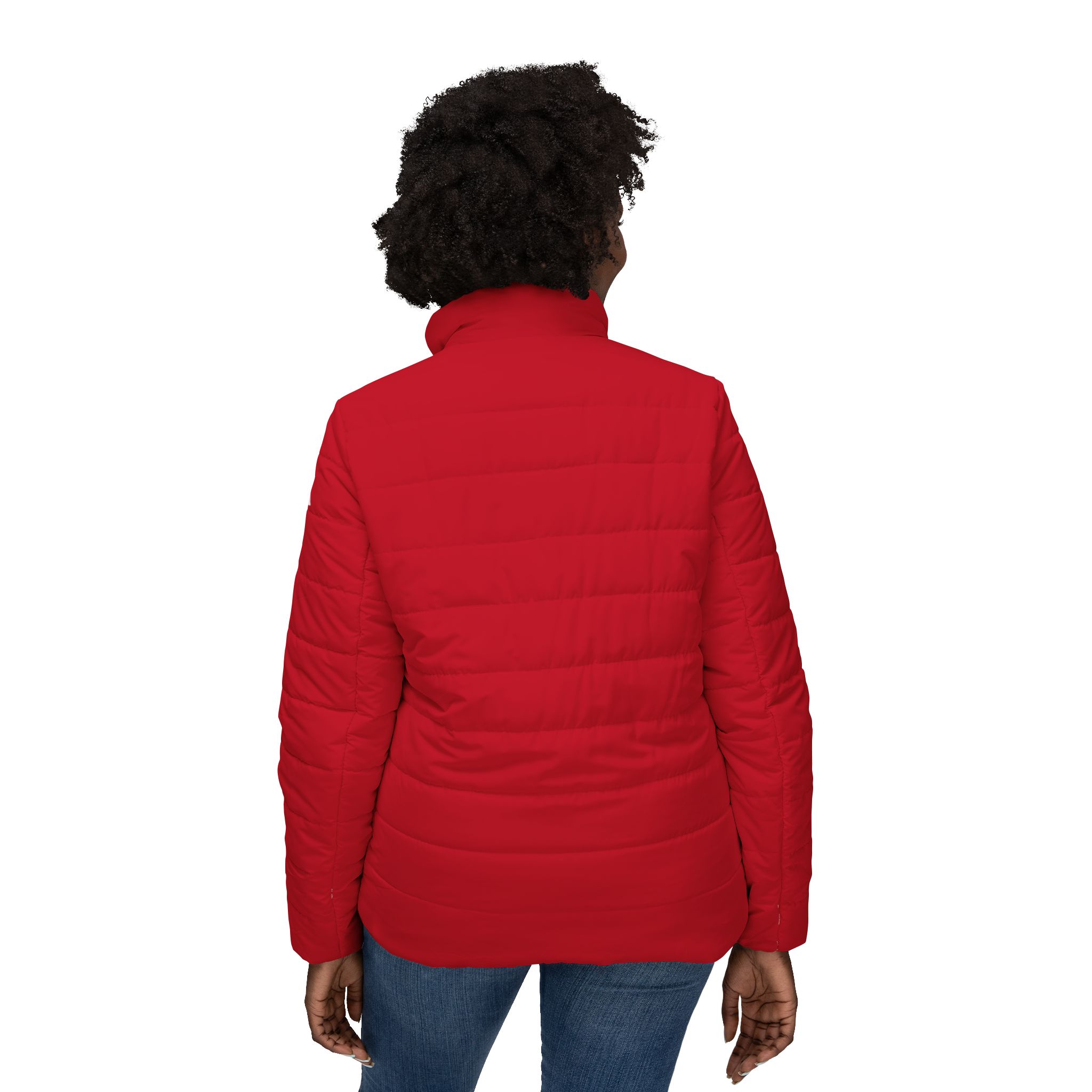 Ripped Dark Red Women’s Puffer Jacket(White Logo) - Image 4