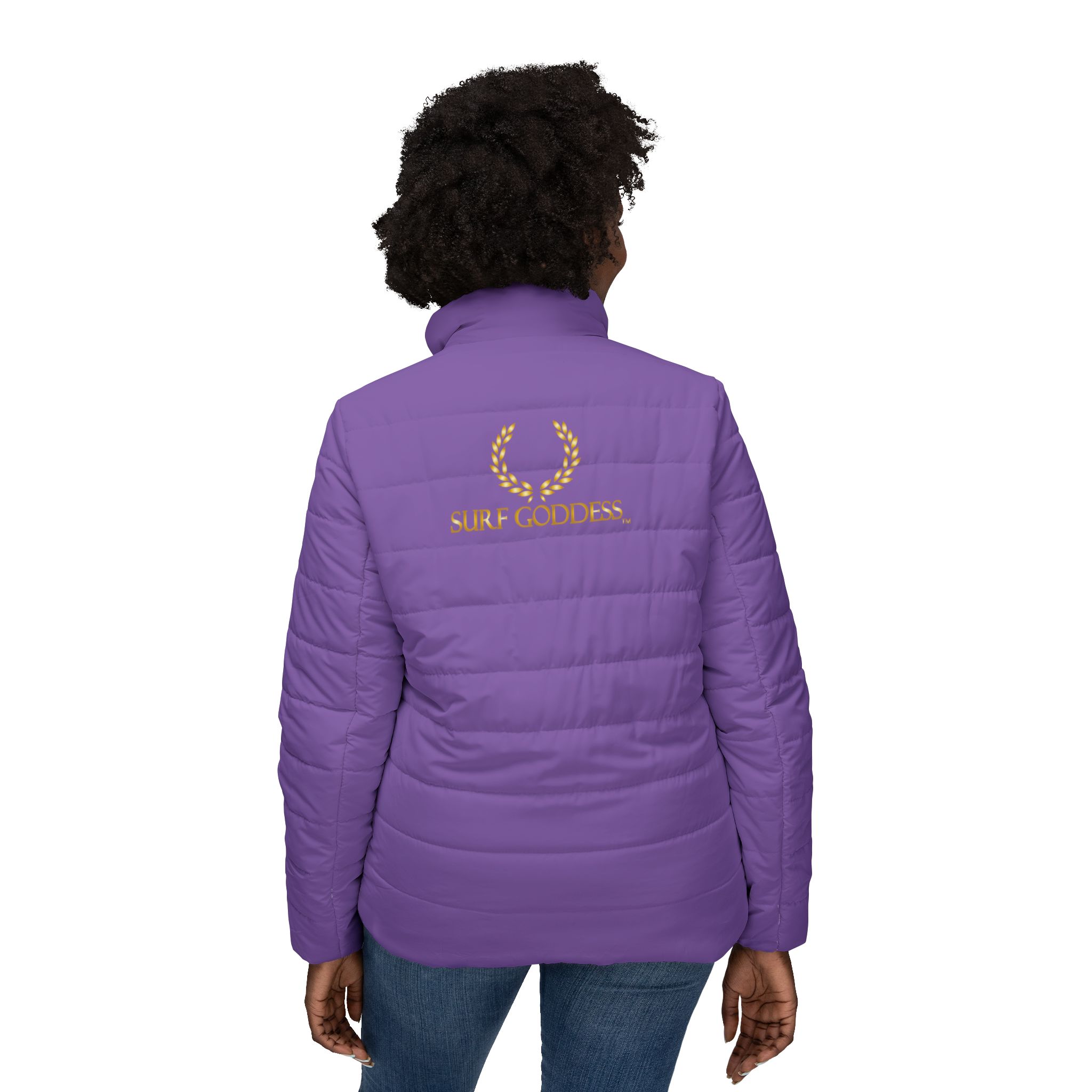 Surf Goddess Frontside Backside Light Purple Women’s Puffer Jacket - Image 4