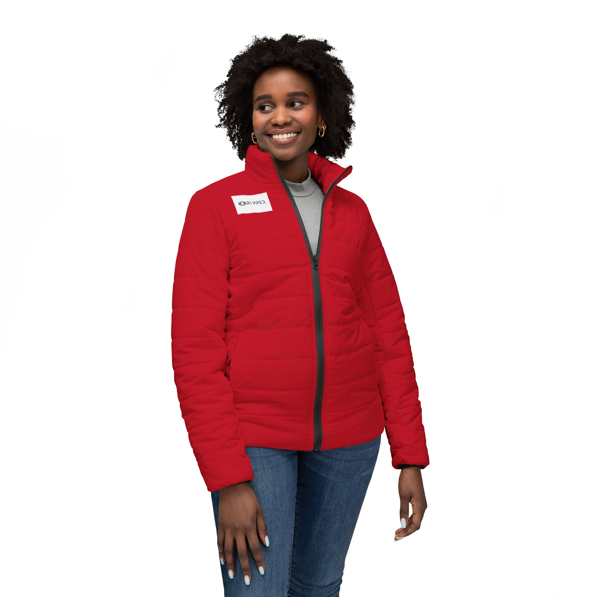 Ripped Dark Red Women’s Puffer Jacket(White Logo) - Image 3