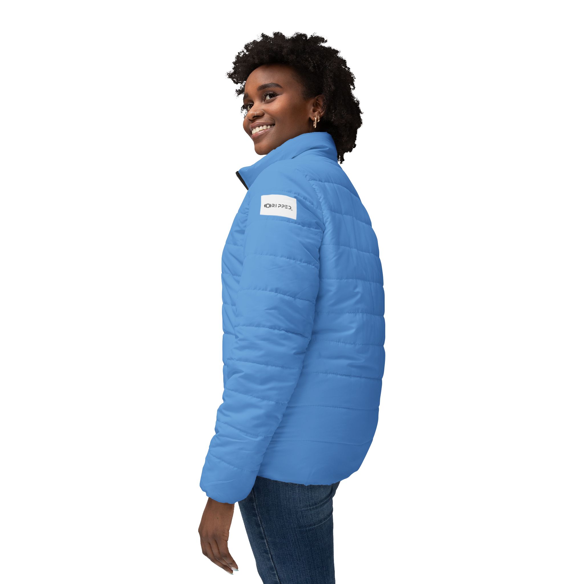 Ripped Light Blue Women’s Puffer Jacket(White Logo) - Image 5