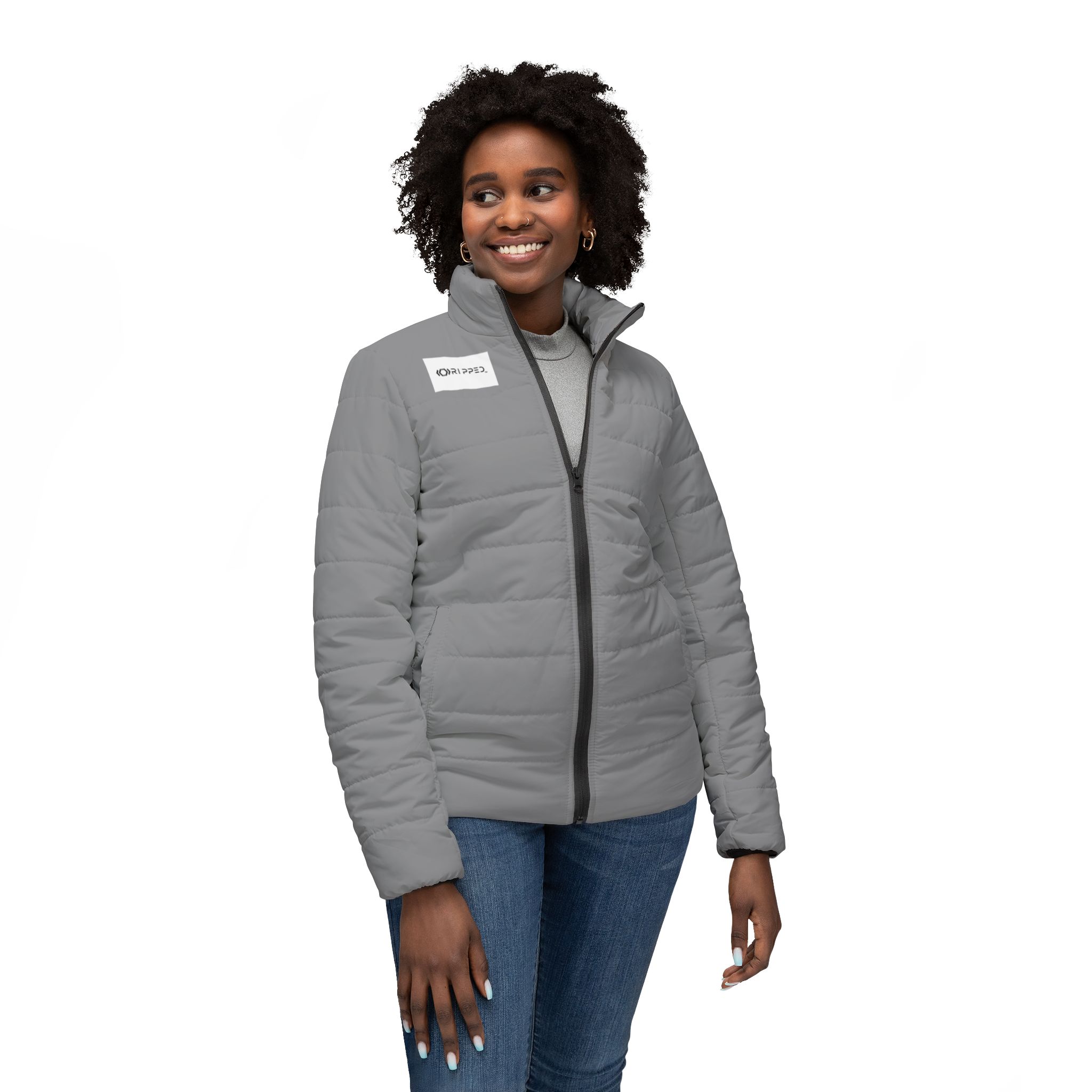 Ripped Grey Women’s Puffer Jacket(White Logo) - Image 3