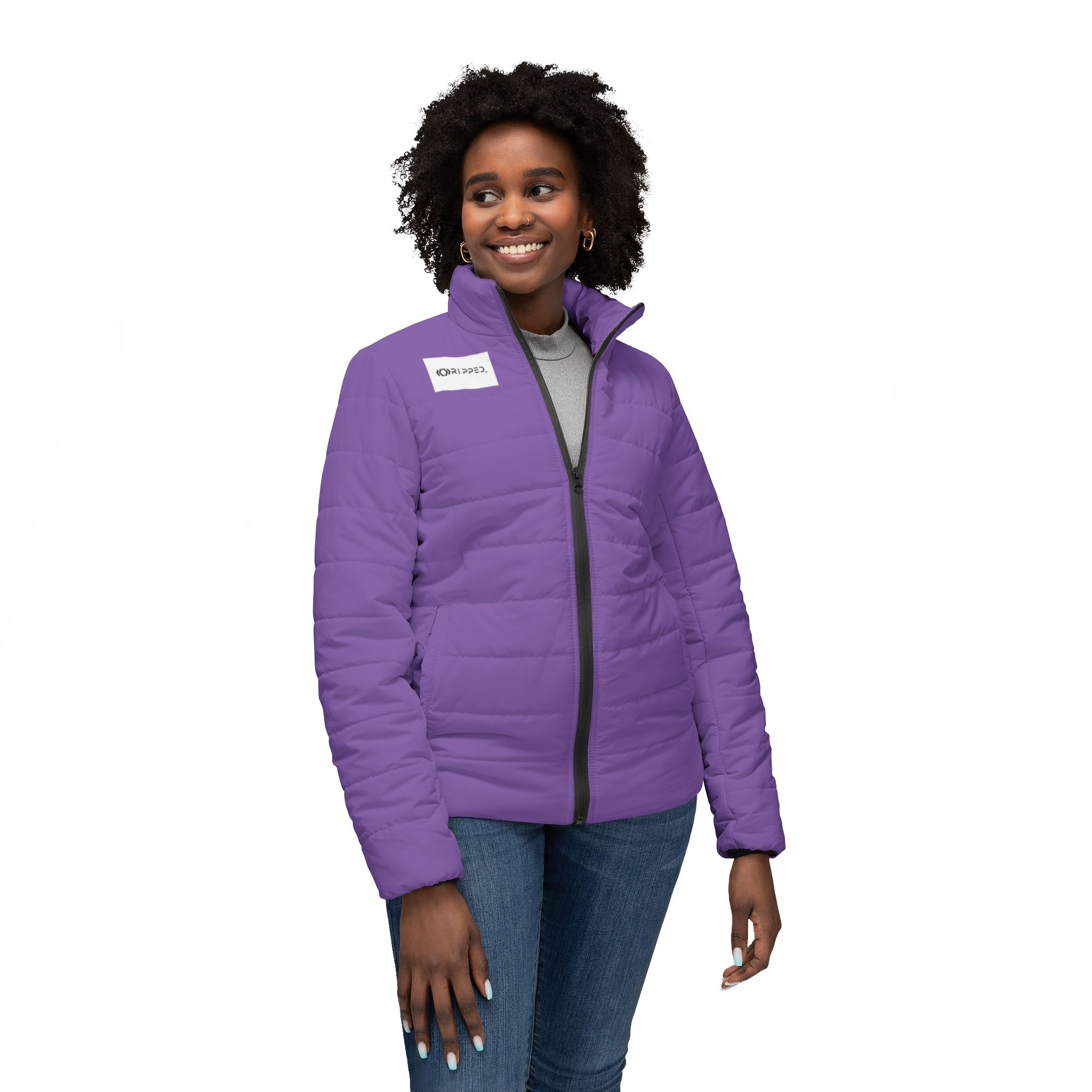 Ripped Light Purple Women’s Puffer Jacket(White Logo) - Image 3