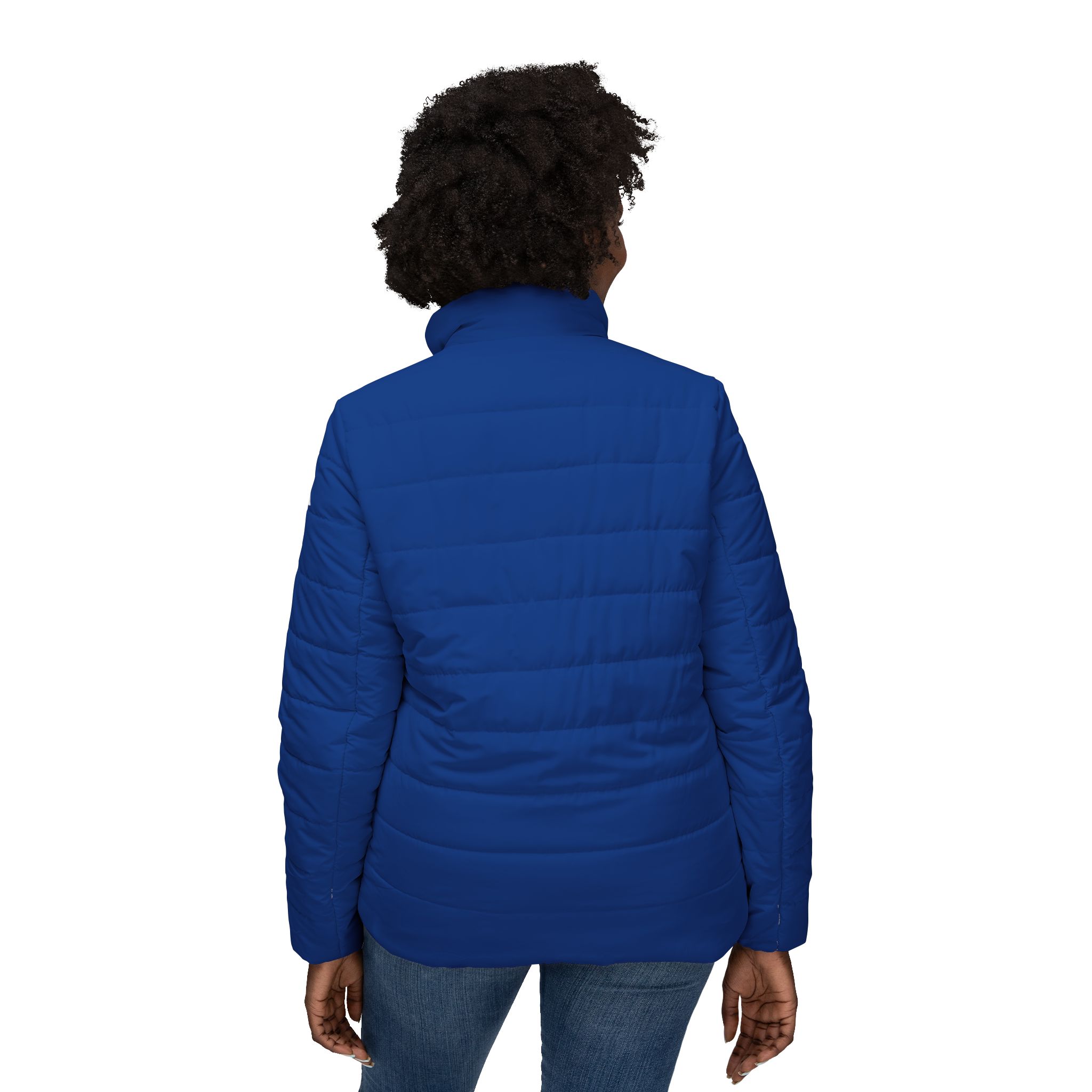 Ripped Dark Blue Women’s Puffer Jacket(White Logo) - Image 4