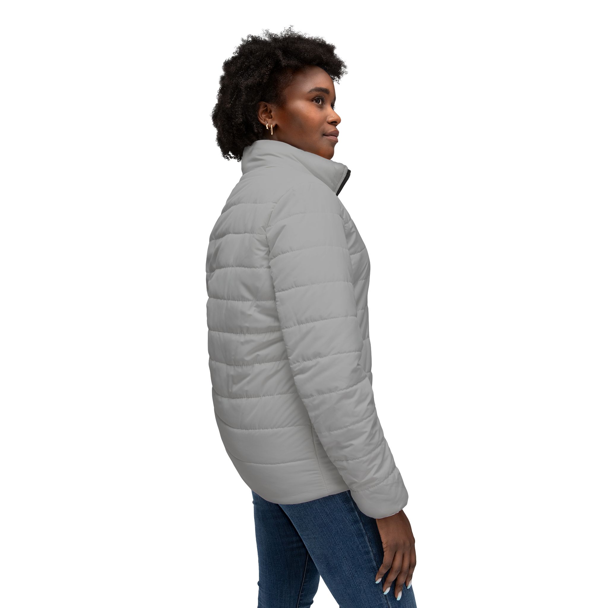 Ripped Light Grey Women’s Puffer Jacket(White Logo) - Image 6