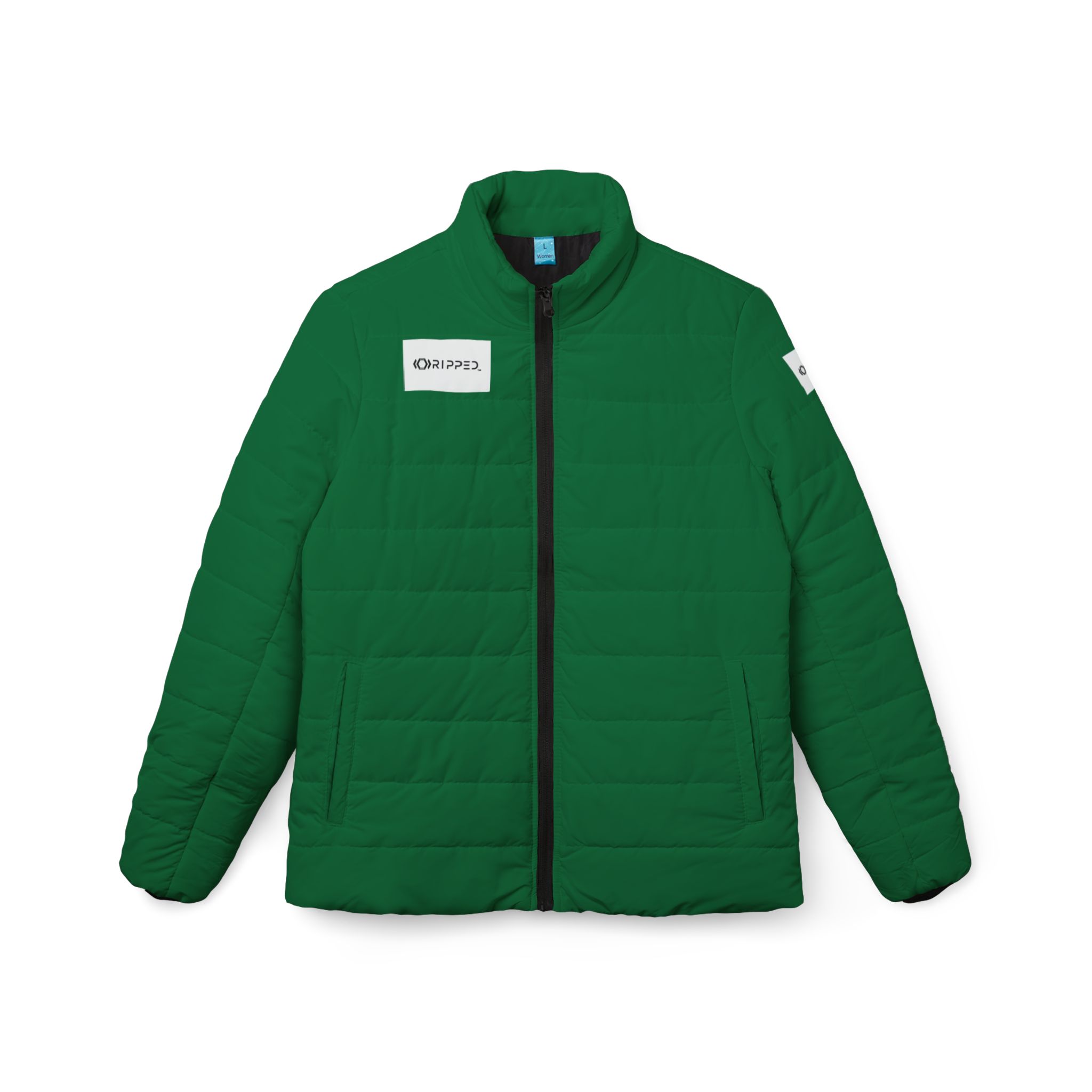 Ripped Dark Green Women’s Puffer Jacket(White Logo)