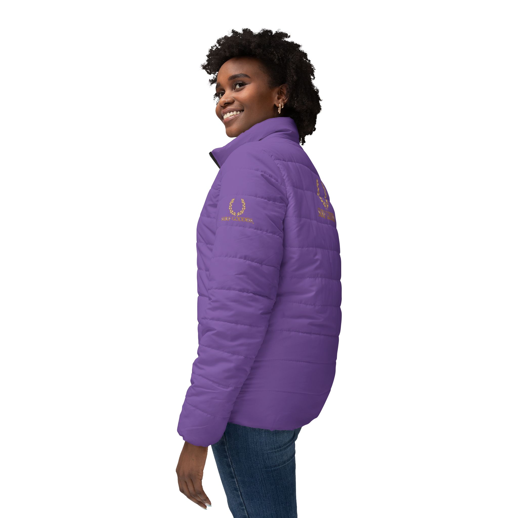 Surf Goddess Frontside Backside Light Purple Women’s Puffer Jacket - Image 5