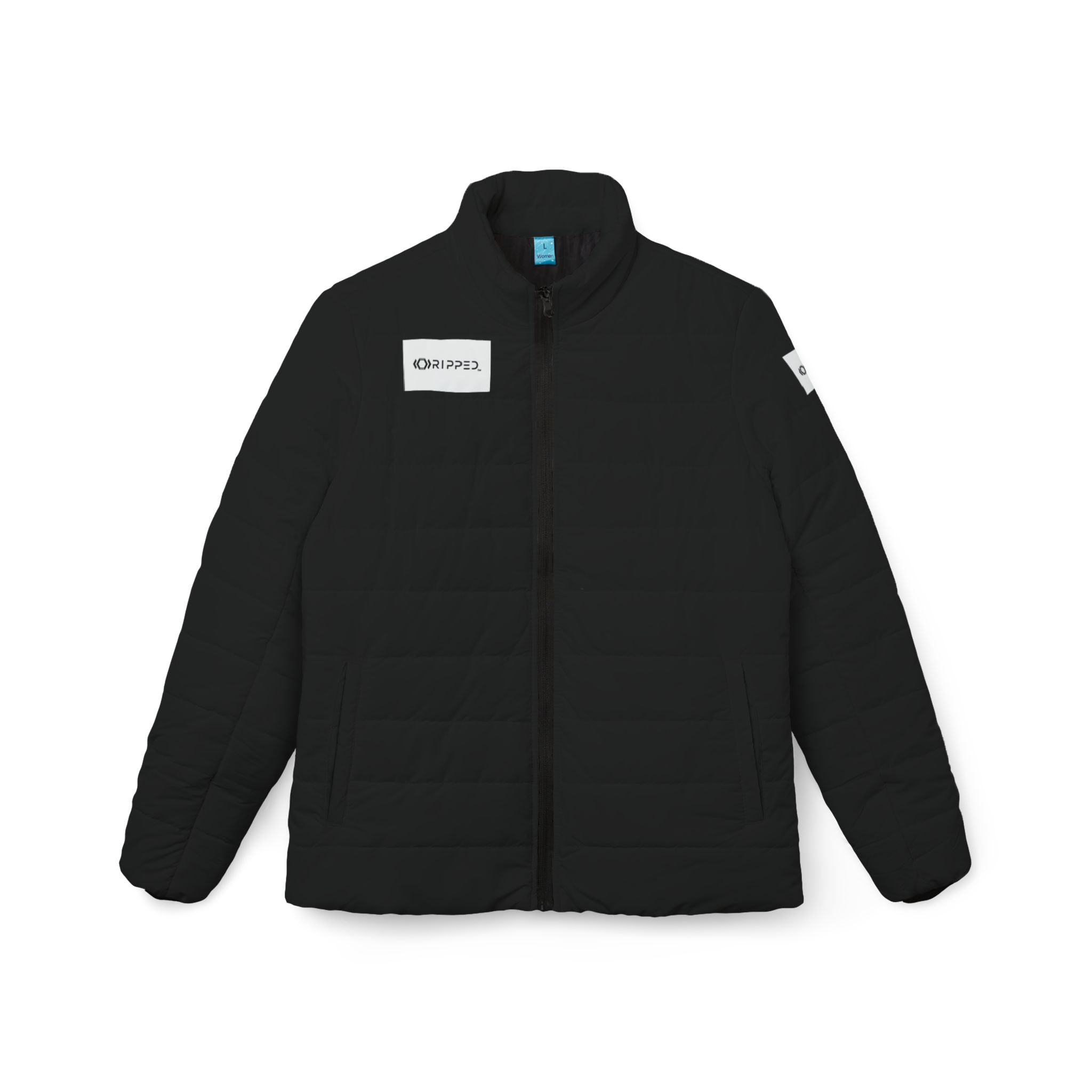 Ripped Black Women’s Puffer Jacket(White Logo)