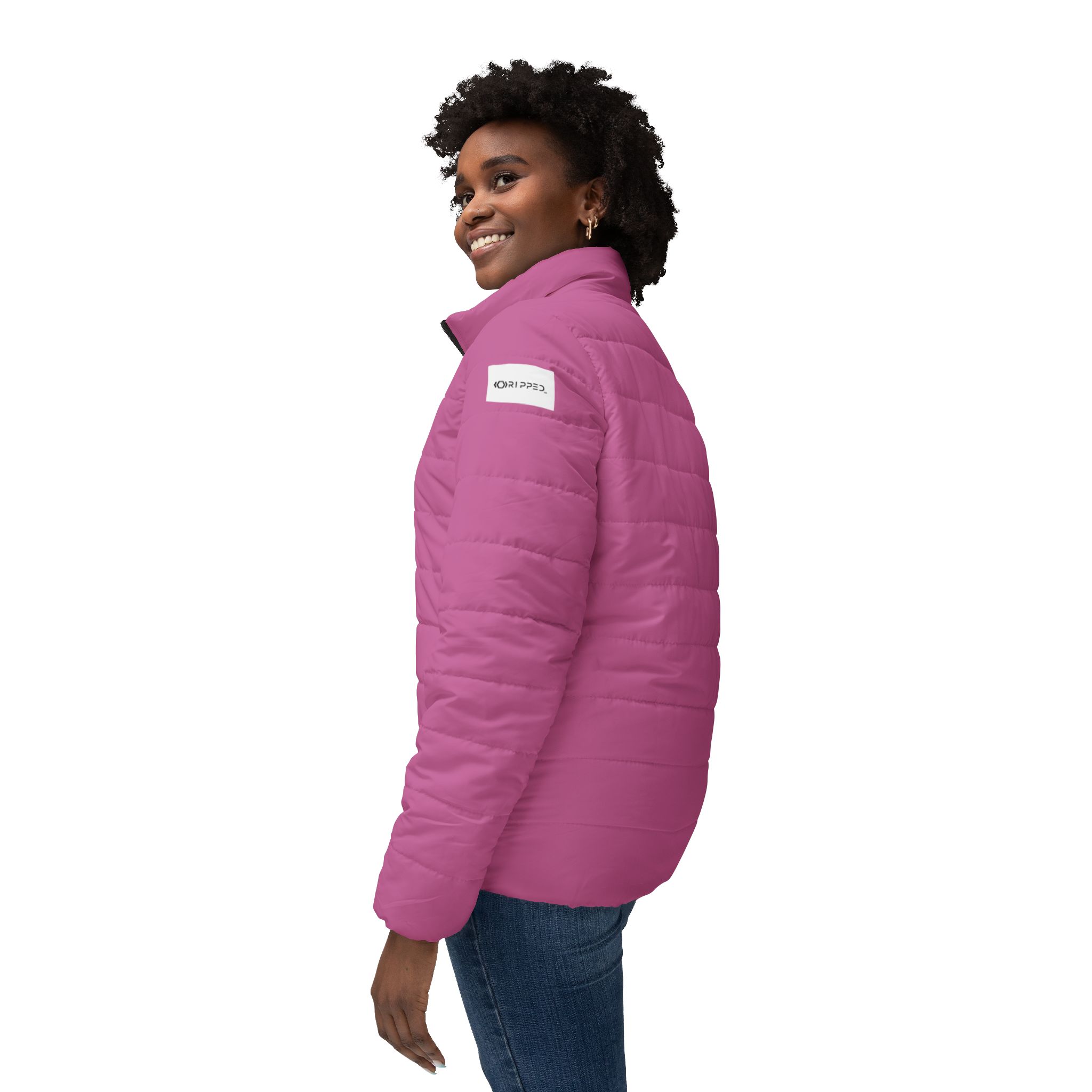 Ripped Light Pink Women’s Puffer Jacket(White Logo) - Image 5