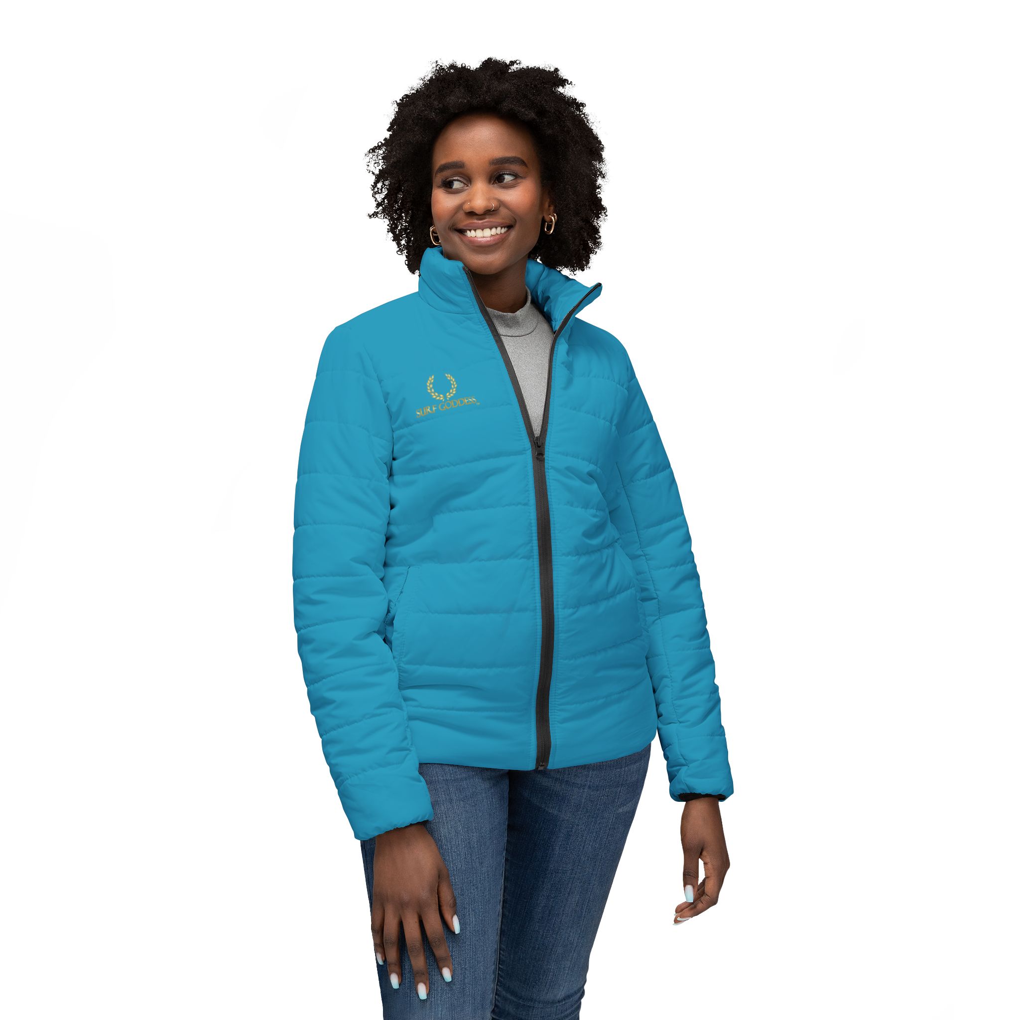 Surf Goddess Frontside Backside Ocean Blue Women’s Puffer Jacket - Image 3