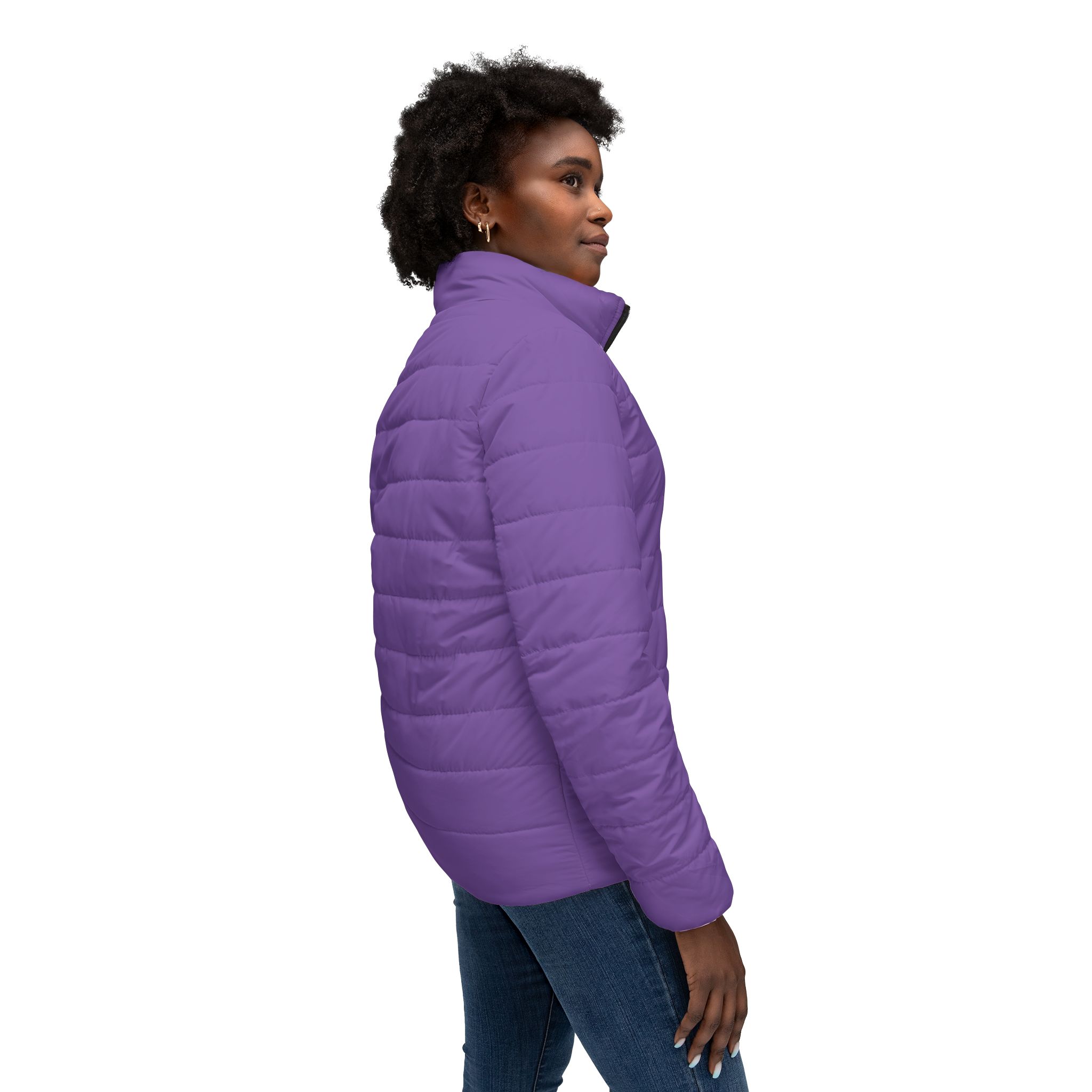 Ripped Light Purple Women’s Puffer Jacket(White Logo) - Image 6