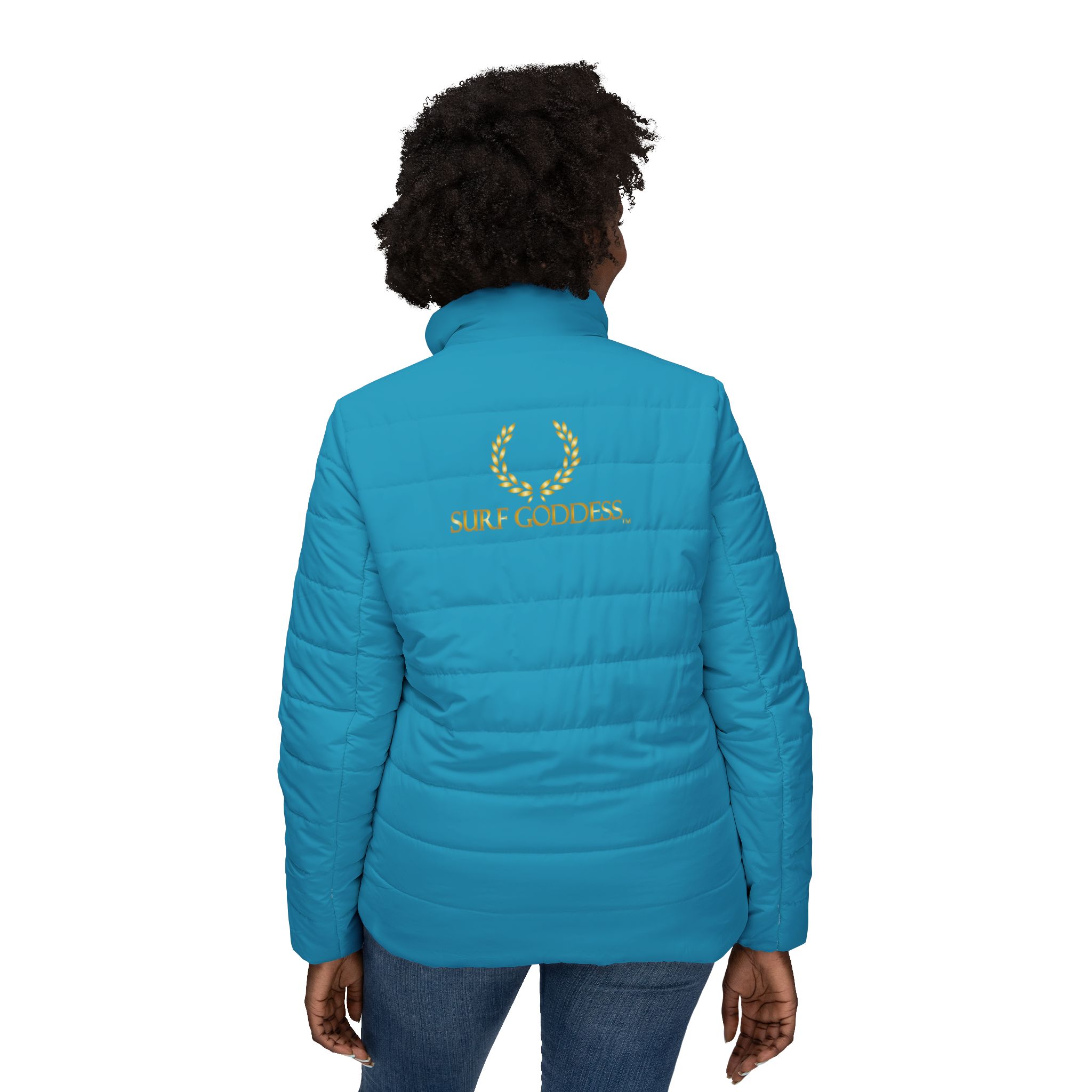 Surf Goddess Frontside Backside Ocean Blue Women’s Puffer Jacket - Image 4