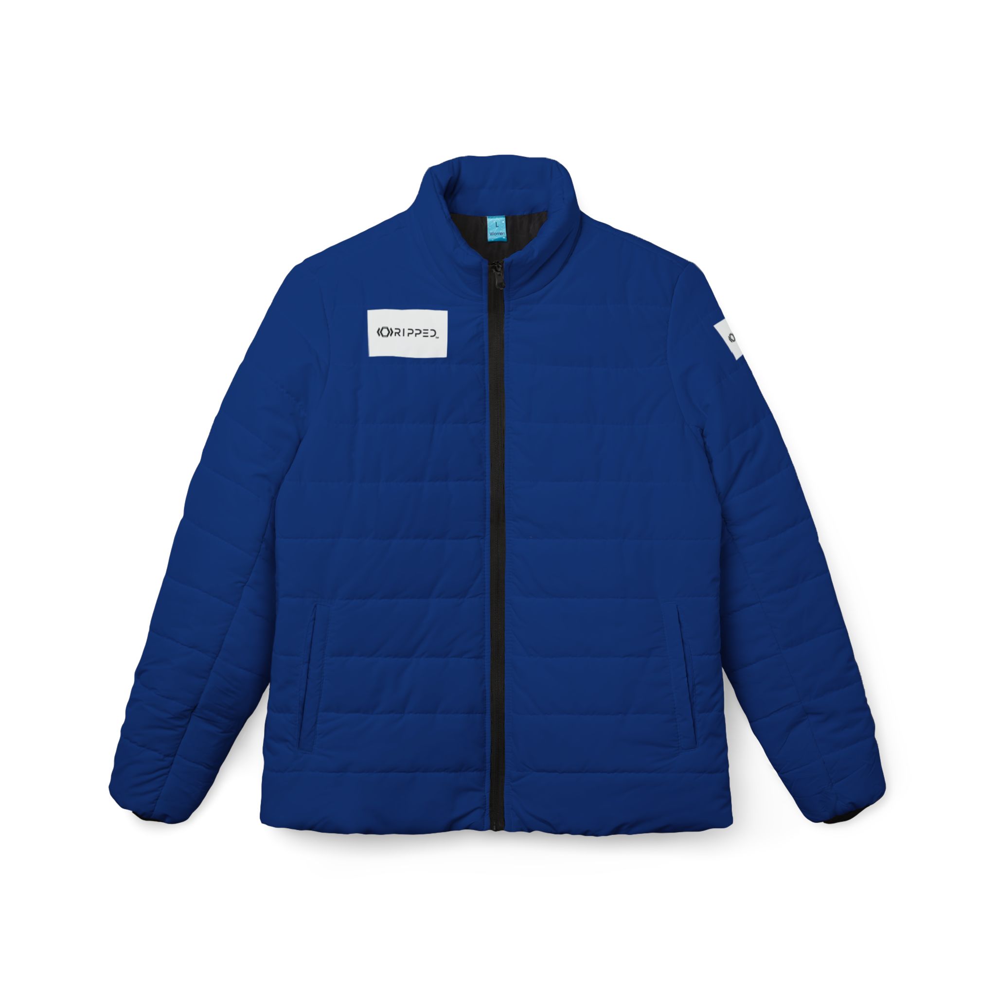 Ripped Dark Blue Women’s Puffer Jacket(White Logo)