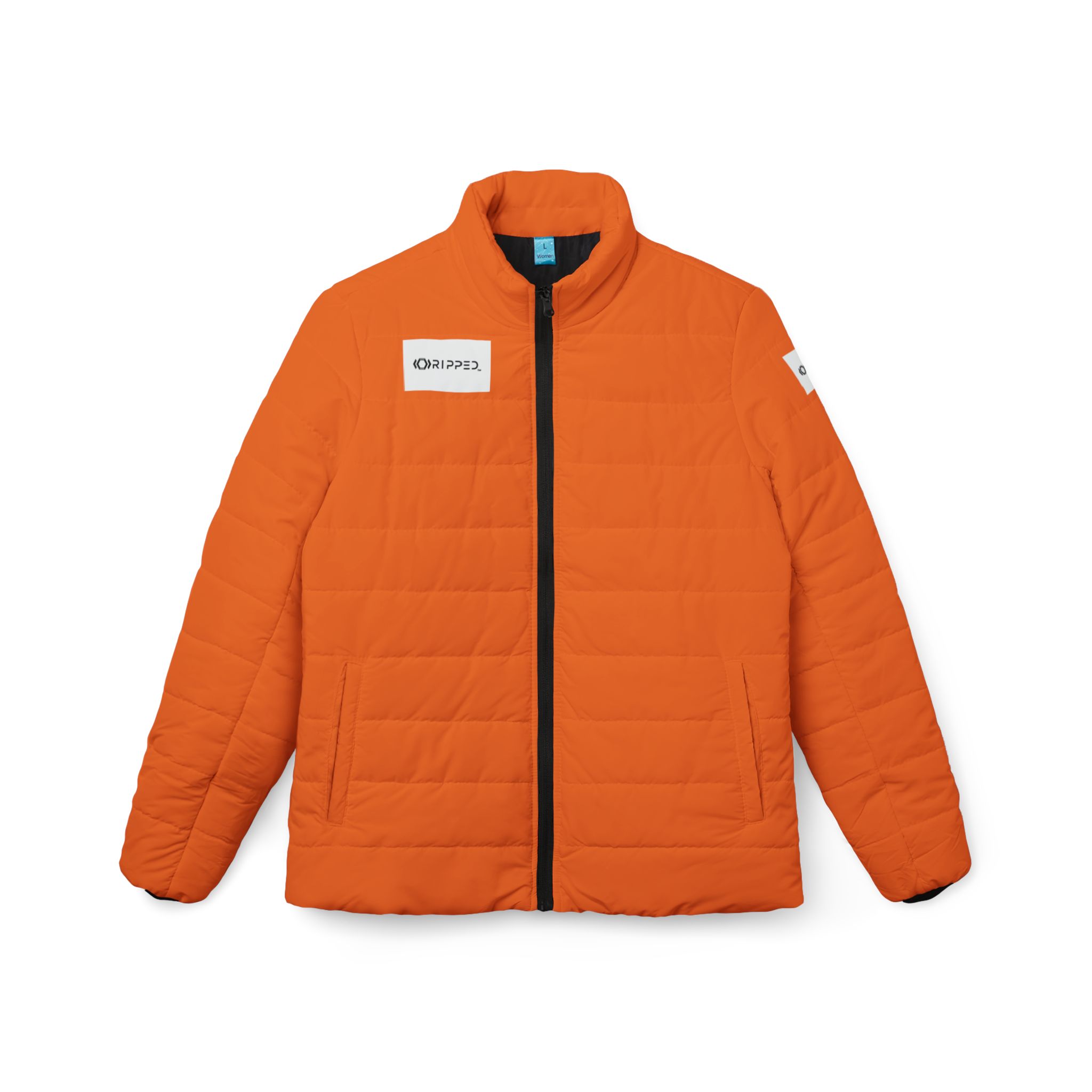 Ripped Light Orange Women’s Puffer Jacket(White Logo)