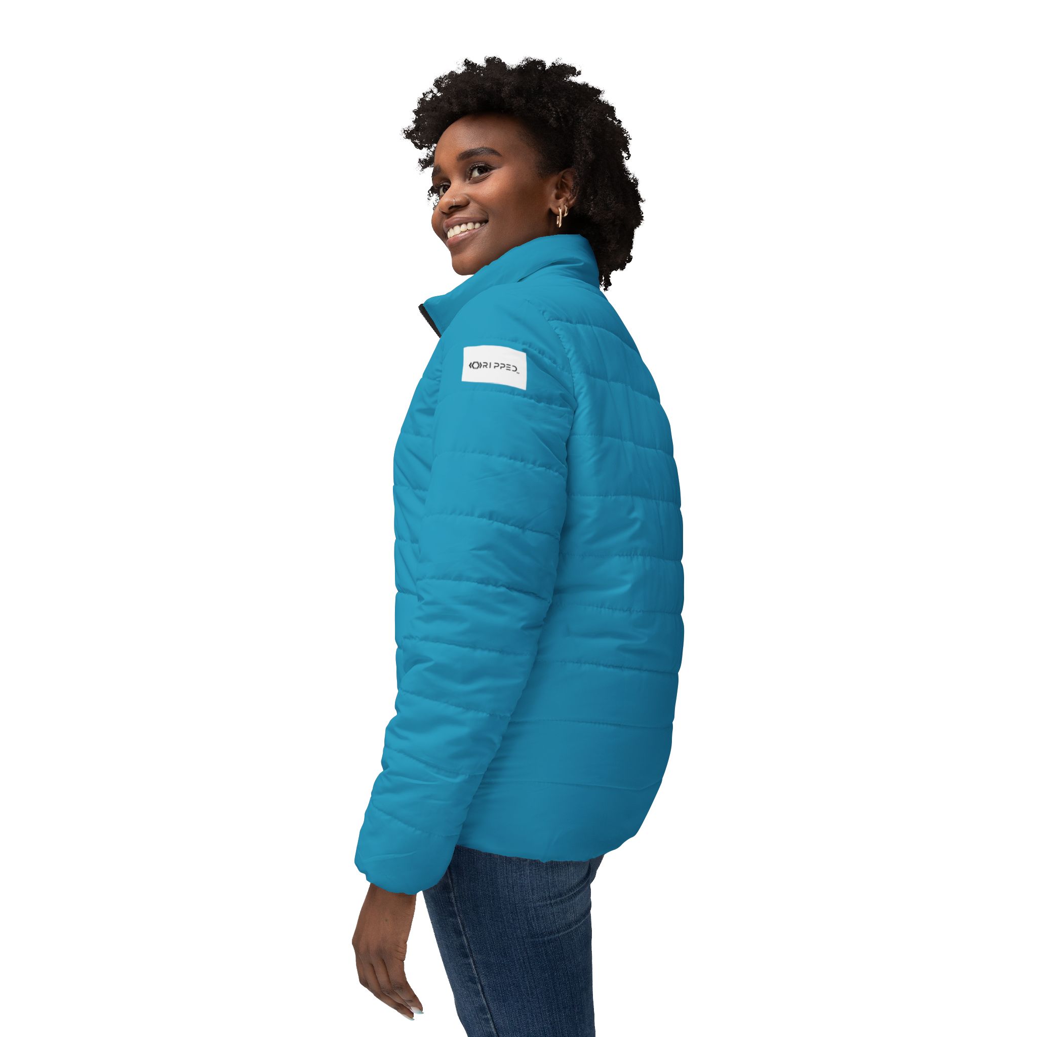 Ripped Ocean Blue Women’s Puffer Jacket(White Logo) - Image 5
