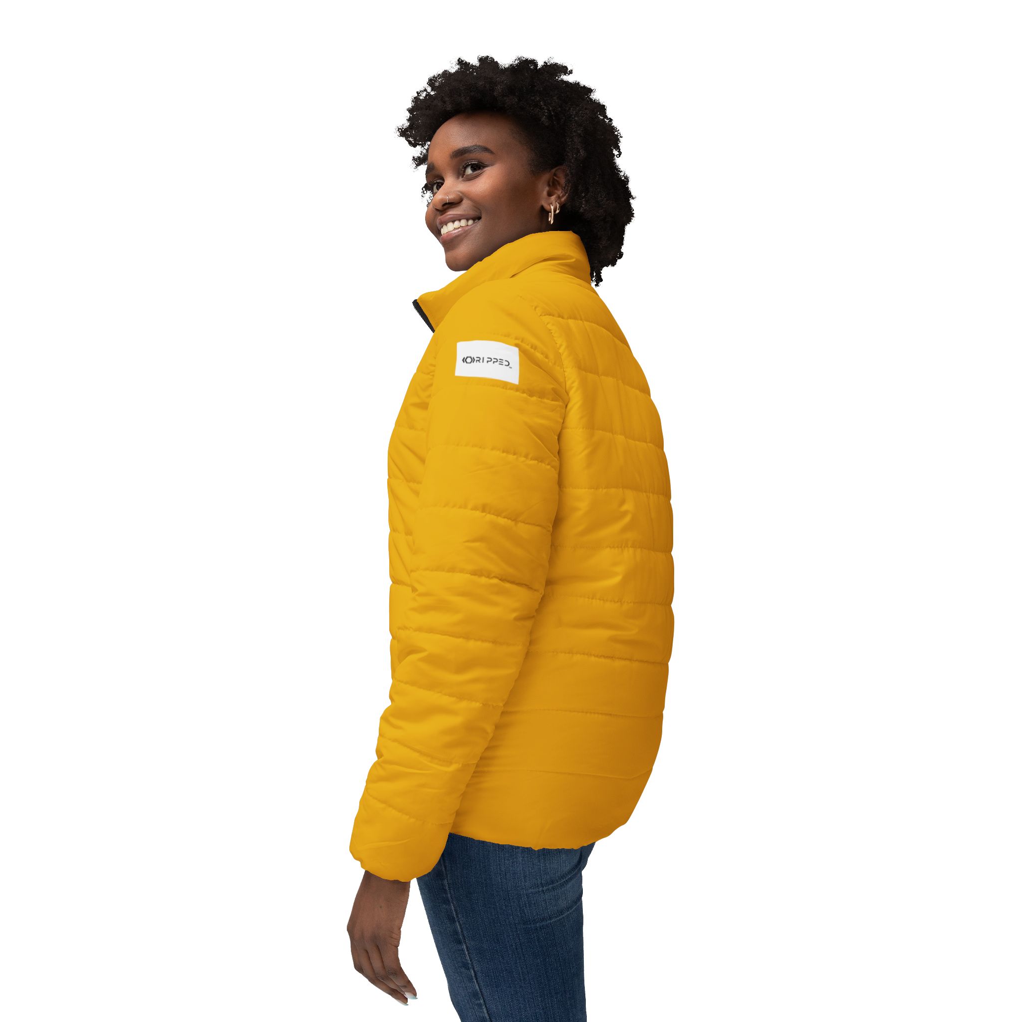 Ripped Yellow Women’s Puffer Jacket(White Logo) - Image 5