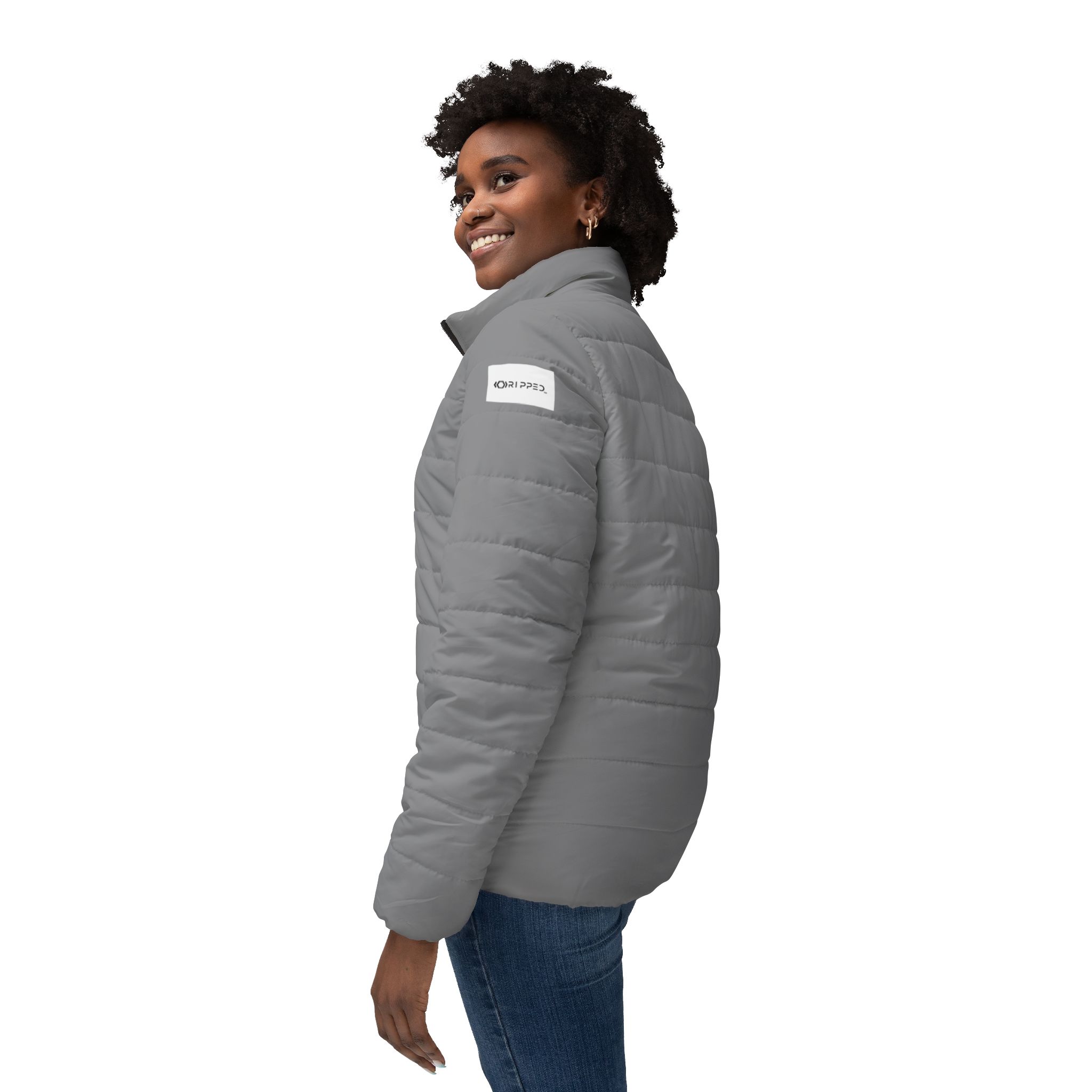Ripped Grey Women’s Puffer Jacket(White Logo) - Image 5