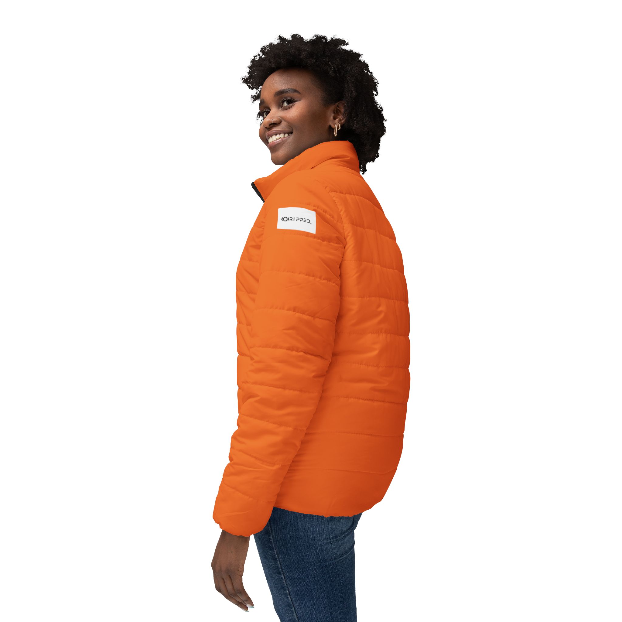 Ripped Light Orange Women’s Puffer Jacket(White Logo) - Image 5