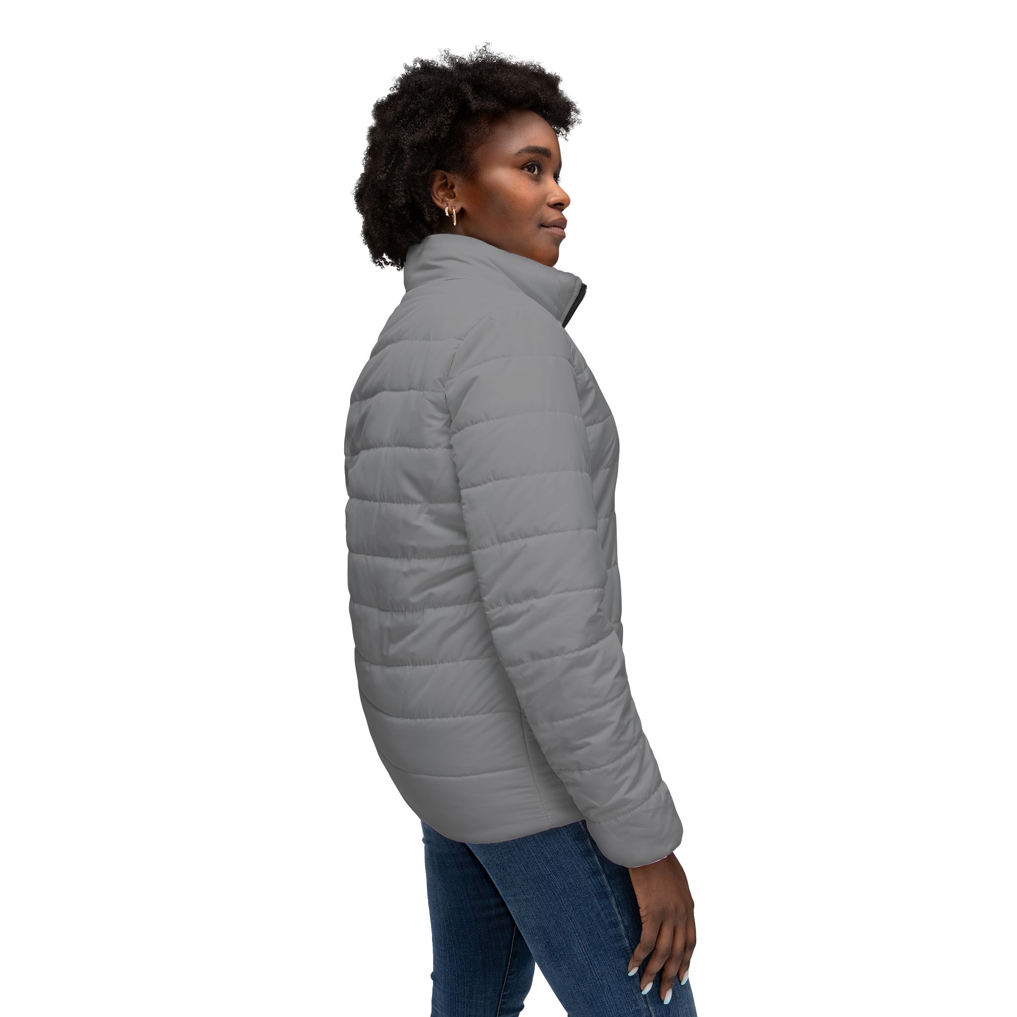 Ripped Grey Women’s Puffer Jacket(White Logo) - Image 6