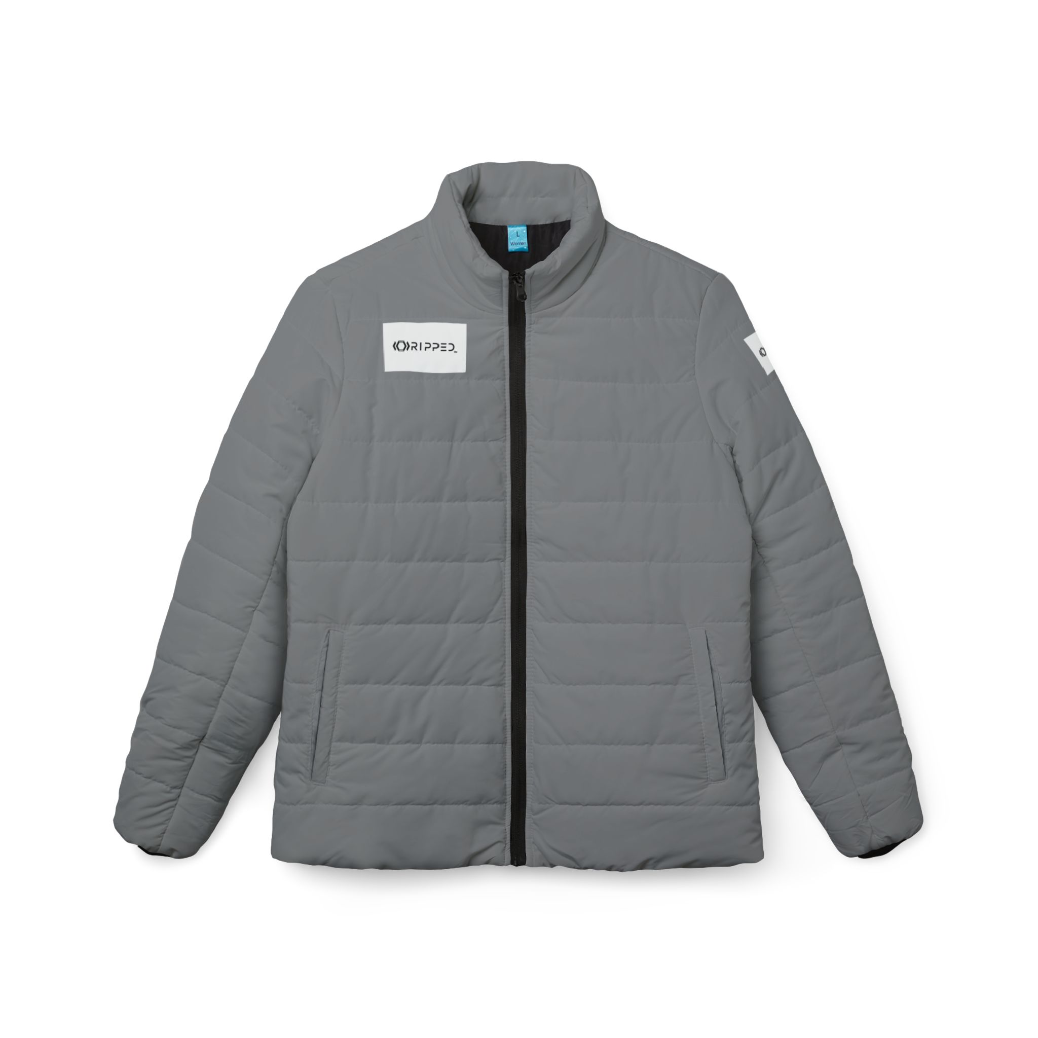 Ripped Grey Women’s Puffer Jacket(White Logo)