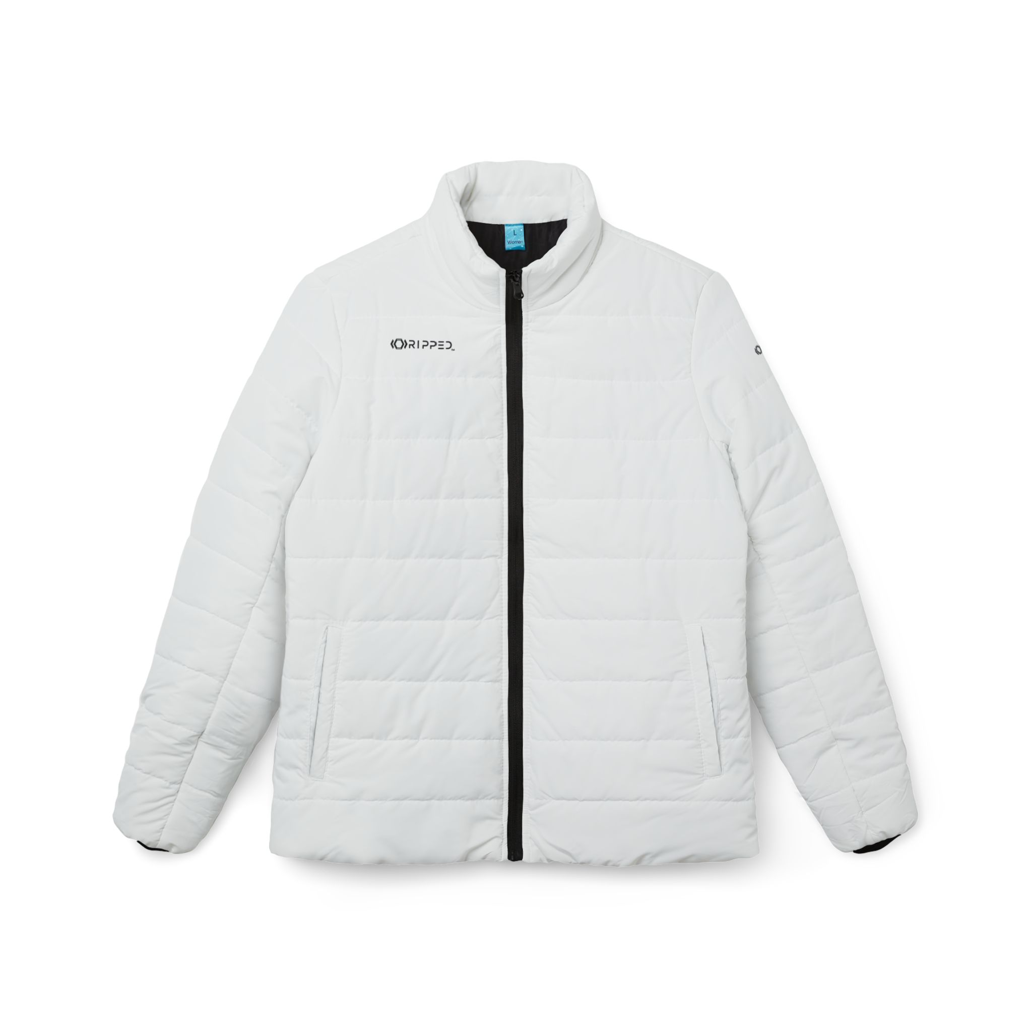 Ripped White Women’s Puffer Jacket(White Logo)