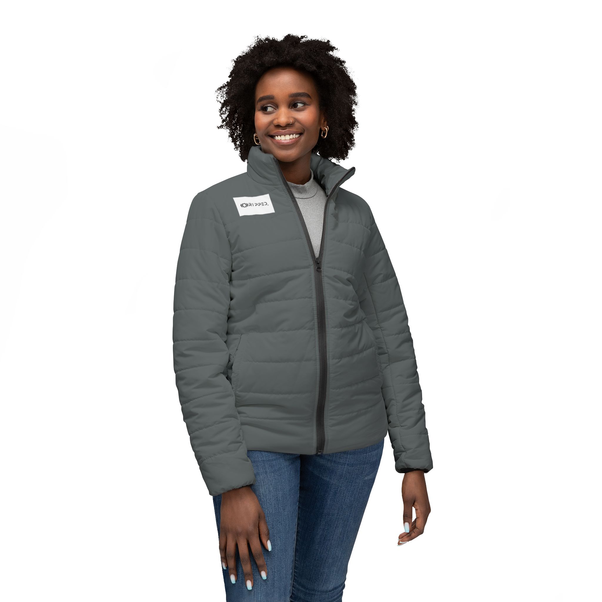 Ripped Dark Grey Women’s Puffer Jacket(White Logo) - Image 3
