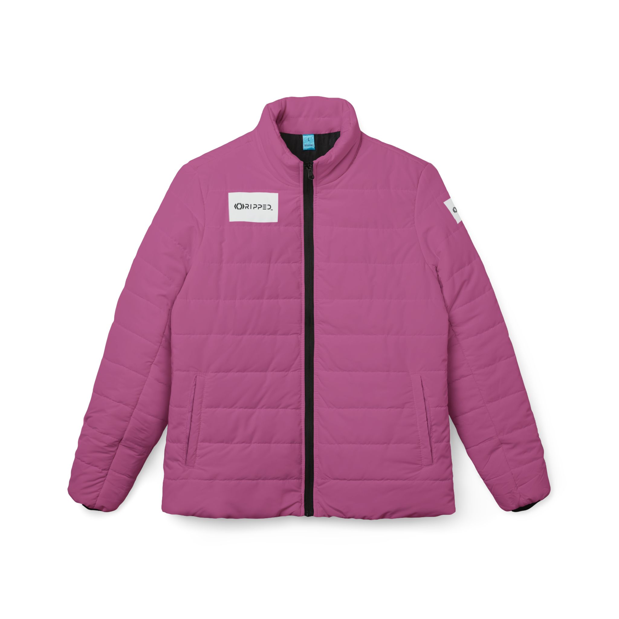 Ripped Light Pink Women’s Puffer Jacket(White Logo)
