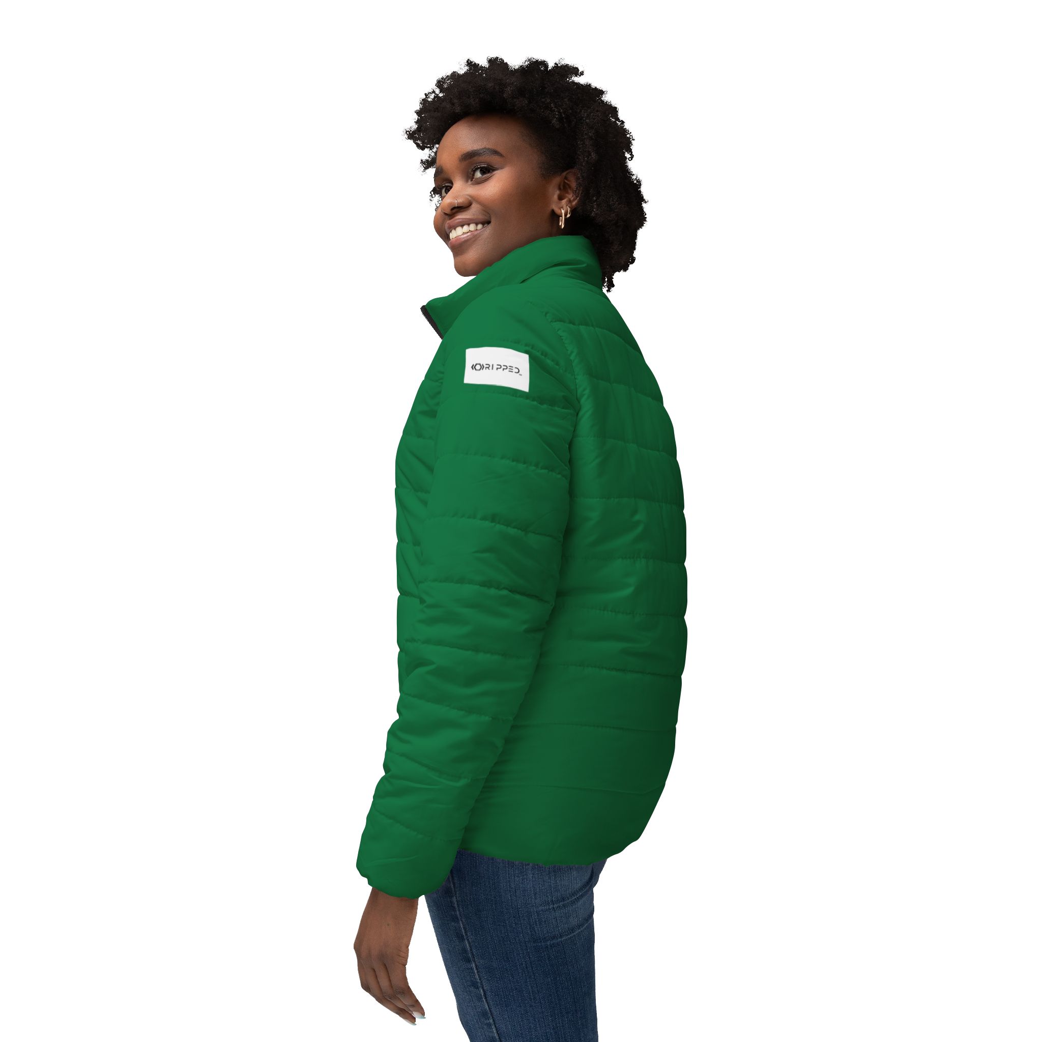 Ripped Dark Green Women’s Puffer Jacket(White Logo) - Image 5