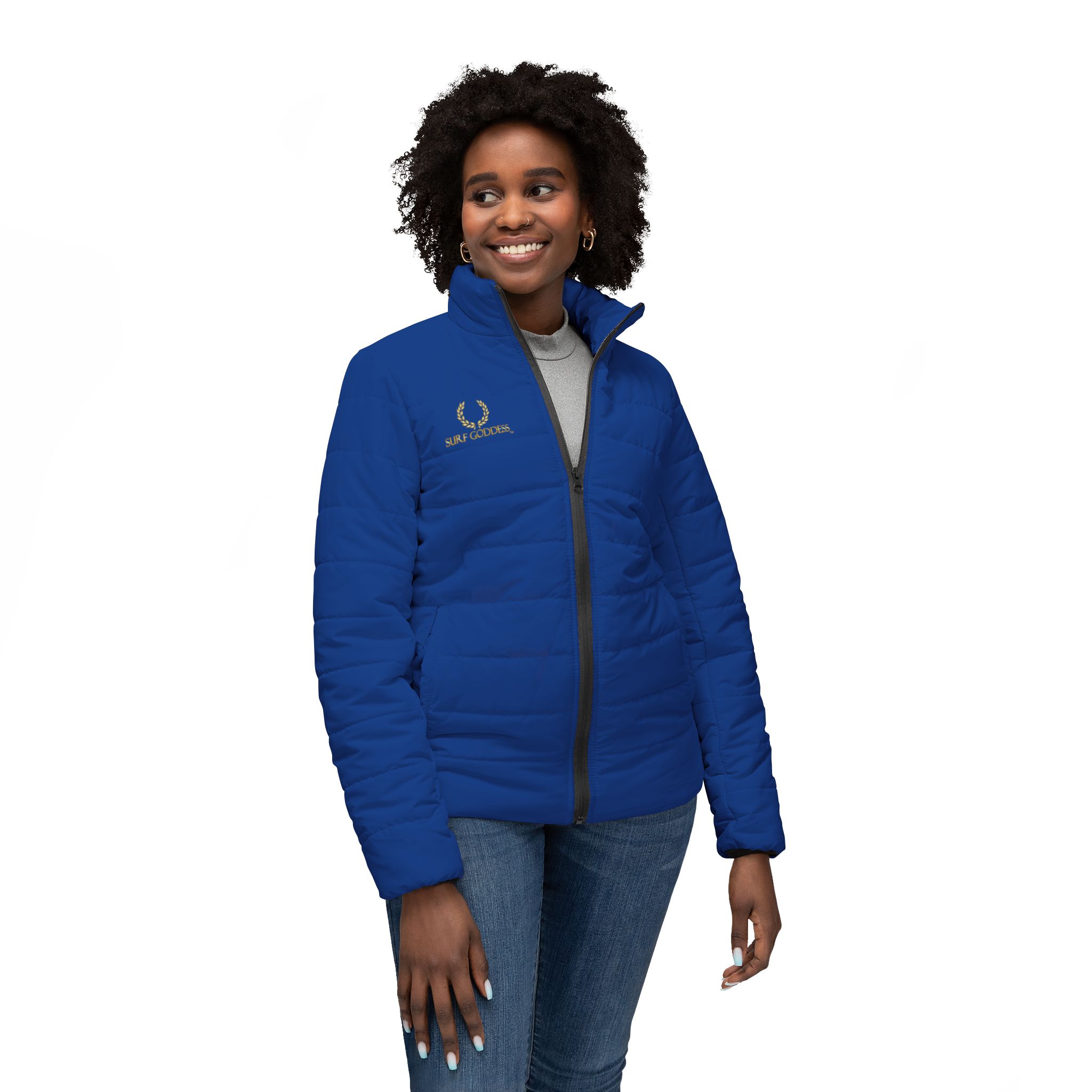 Surf Goddess Frontside Backside Dark Blue Women’s Puffer Jacket - Image 3