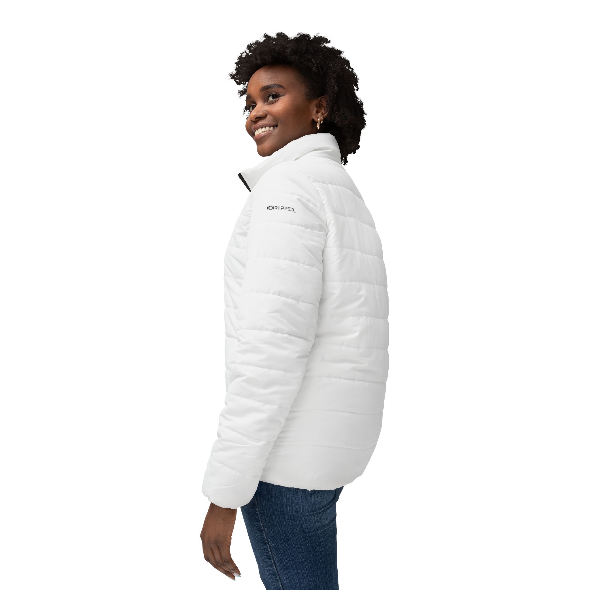 Ripped White Women’s Puffer Jacket(White Logo) - Image 5