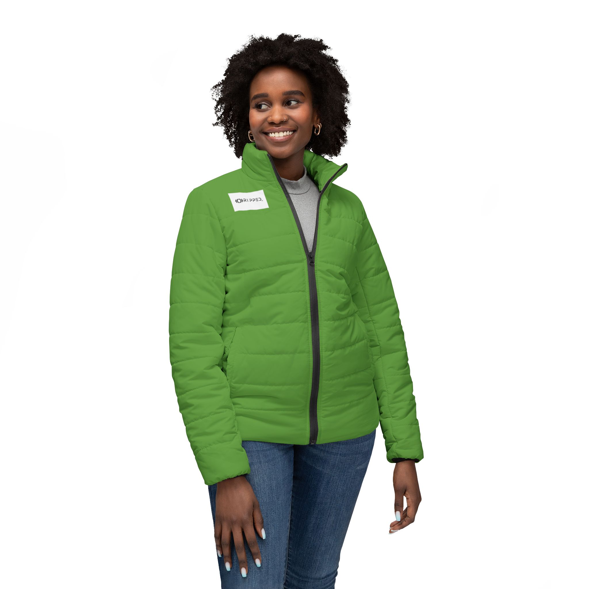 Ripped Green Women’s Puffer Jacket(White Logo) - Image 3