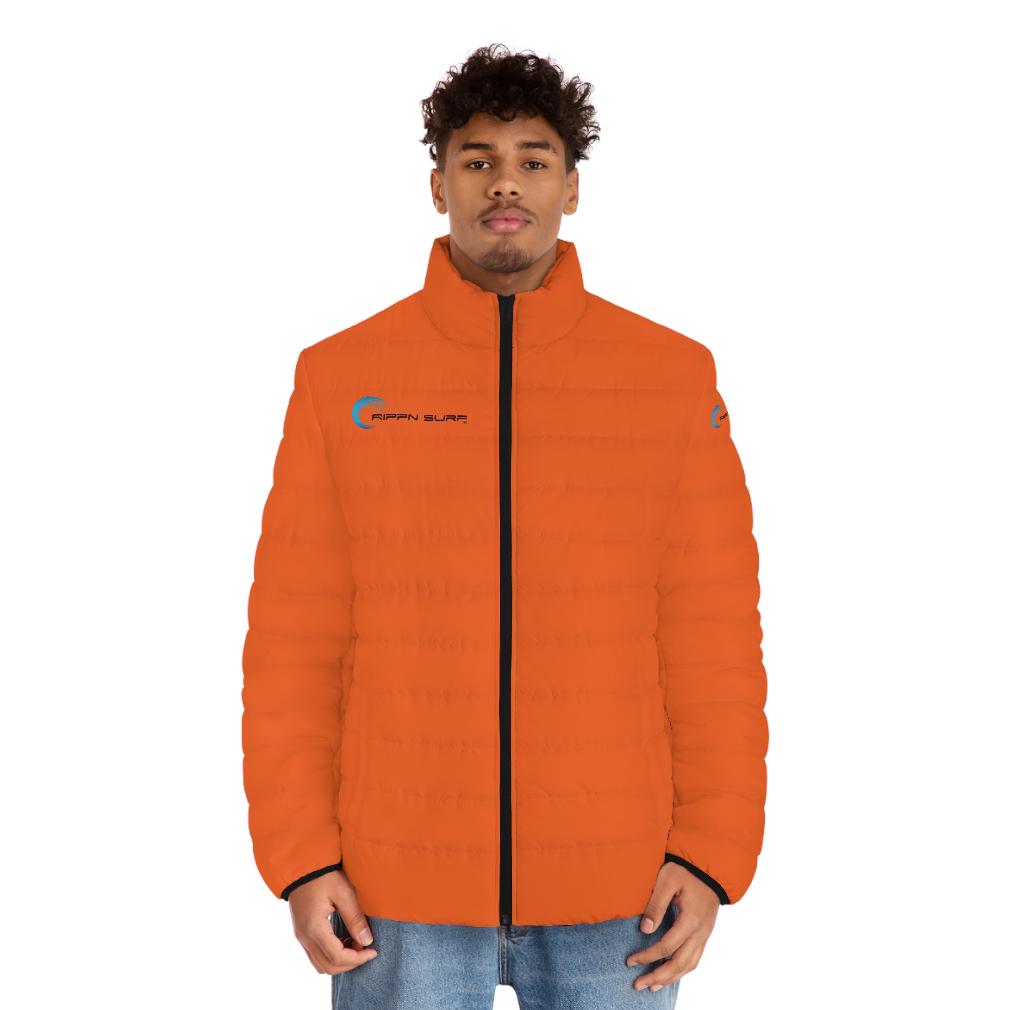 Rippn Surf Backside Wave Men's Orange Puffer Jacket - Image 3