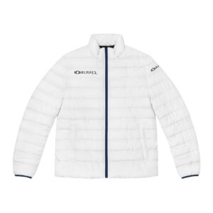White quilted puffer jacket with navy trim